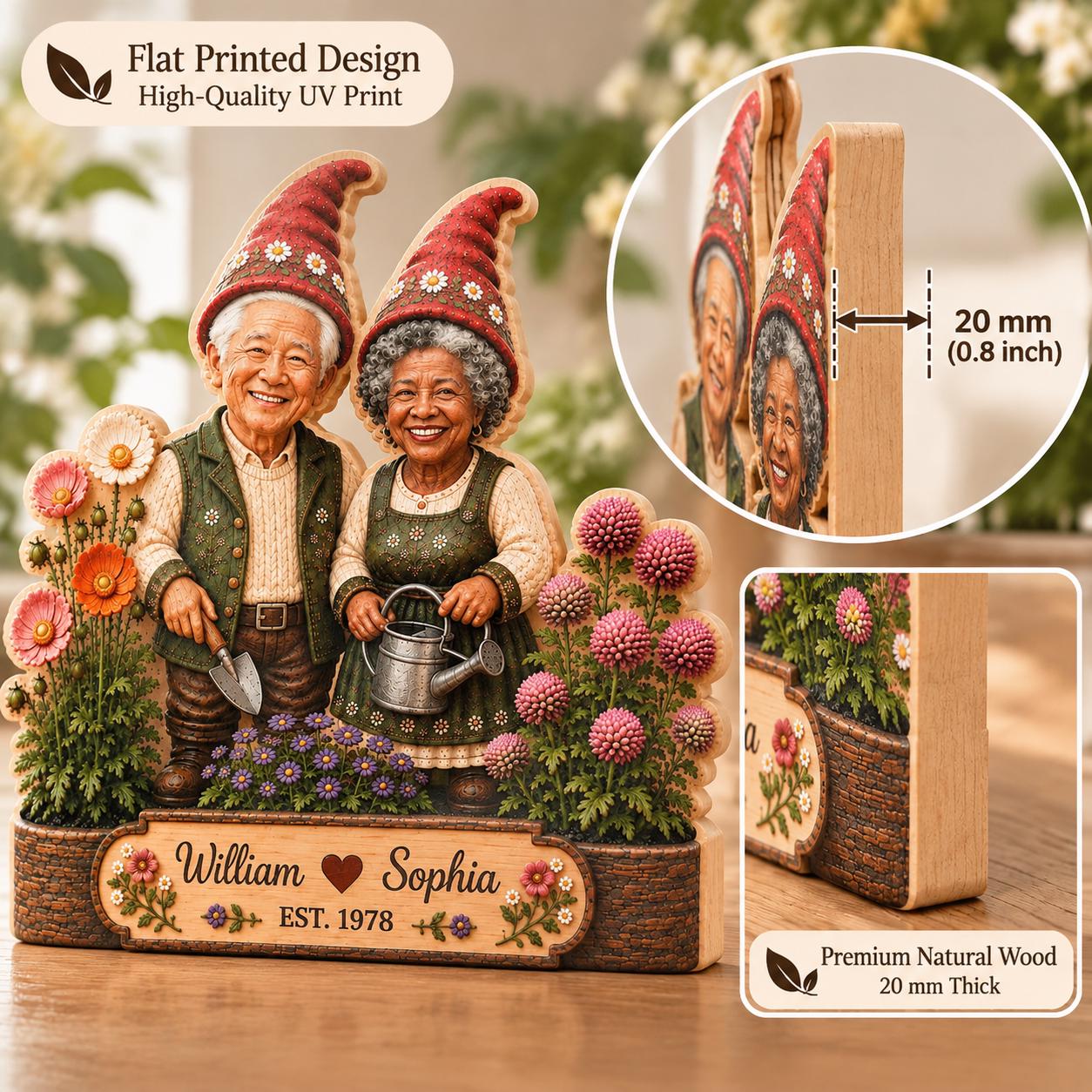 Personalized garden gnome couple keepsake design details