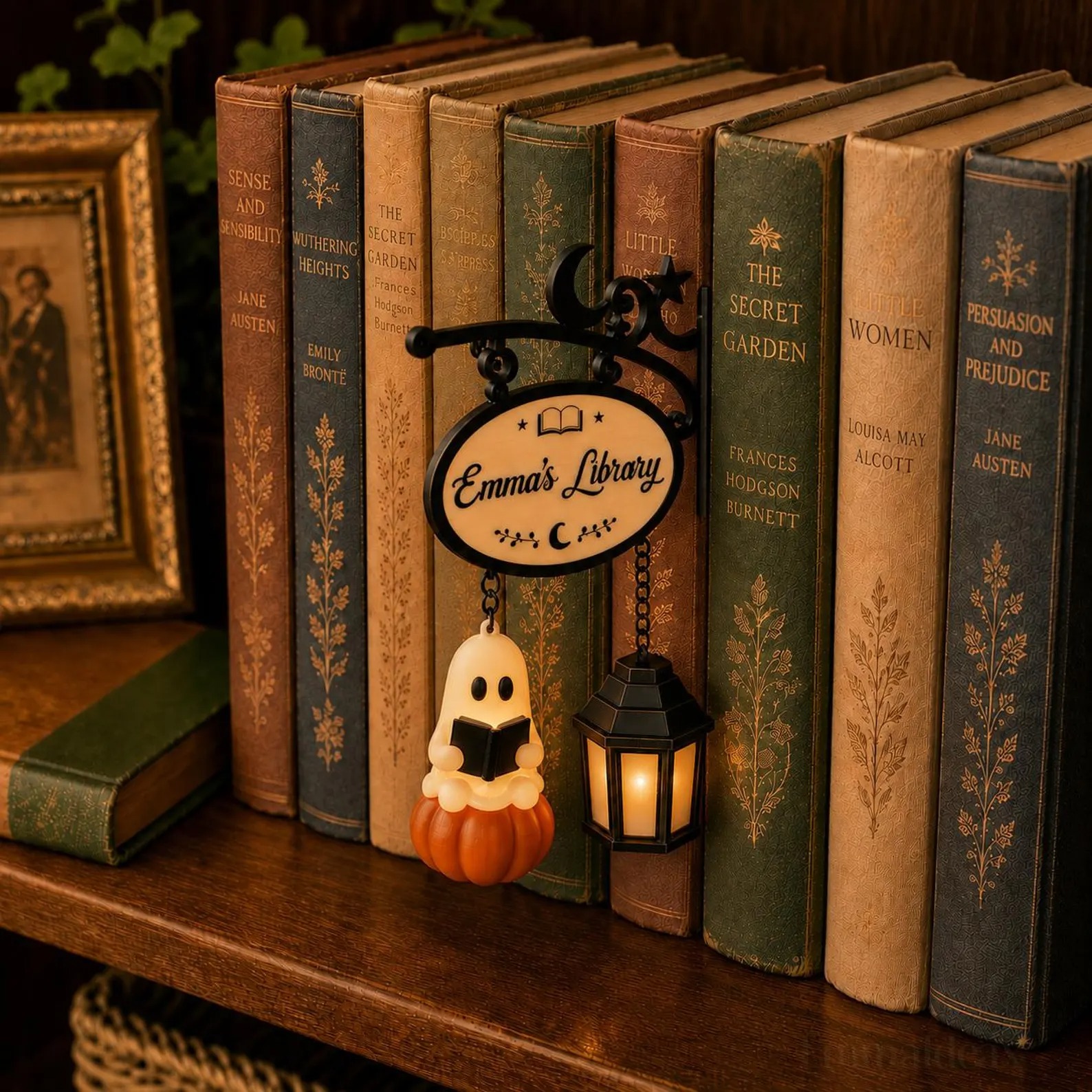 Personalized Ghost Bookshelf Lamp, Custom Library Sign with Warm Light, Cozy Book Nook Decor, Book Lover Gift