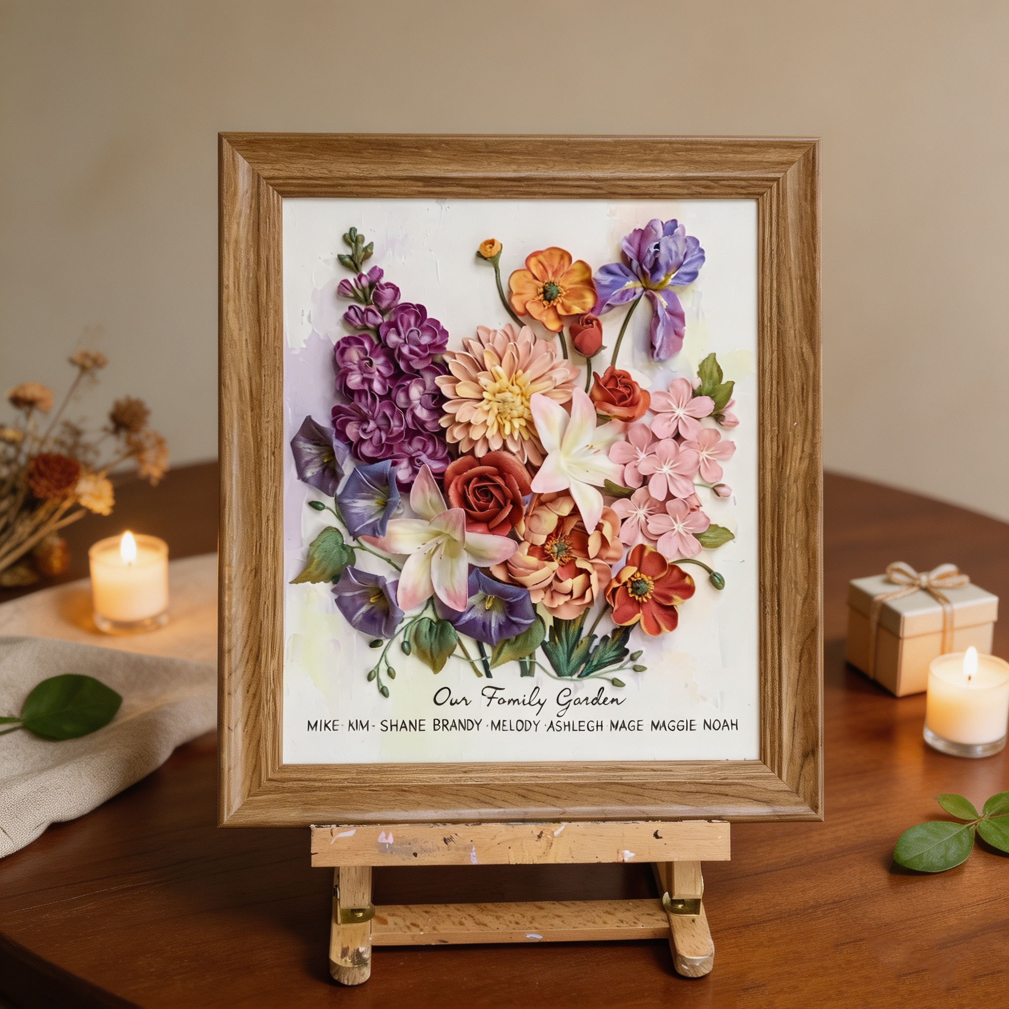 Personalized Family Flower Bouquet Decor, Handcrafted 3D Clay Birth Month Art, Custom Framed Wall Hanging for Home & Office