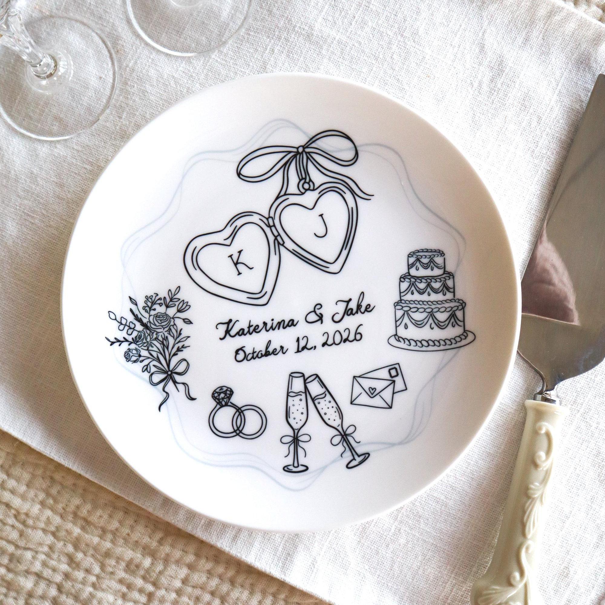 Custom Hand-Drawn Wedding Plate, Personalized Ceramic Keepsake with Initials & Date, Elegant Gold Line Art Anniversary Gift, Unique Engagement or Housewarming Decor