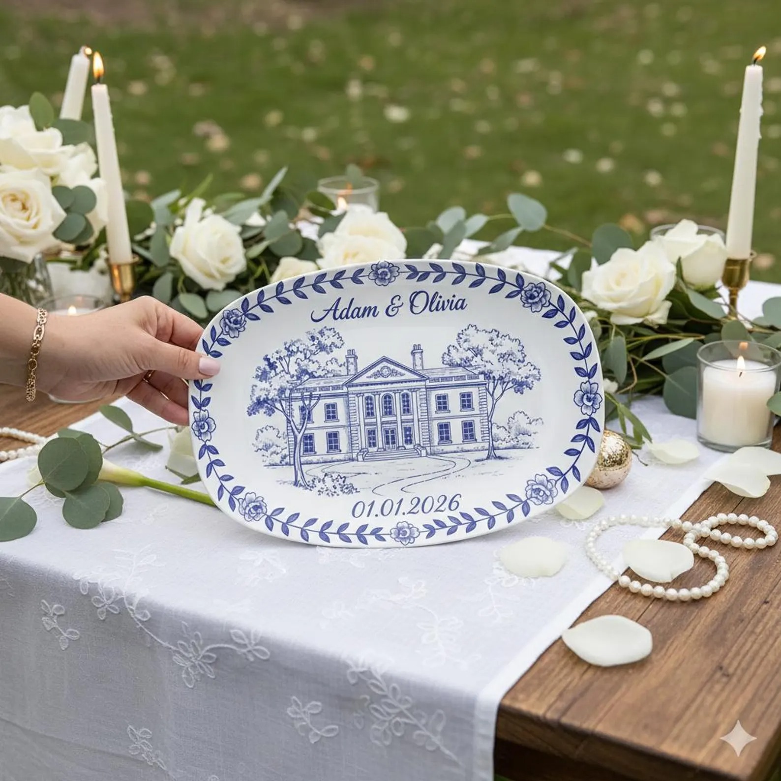 Custom Wedding Venue Platter, Blue Toile Style Personalized Plastic Tray for Outdoor Parties