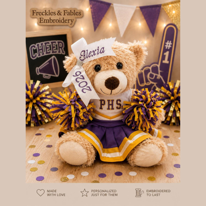 Personalized Cheer Bear Gift – Custom Embroidered Uniform & Bow, Team Spirit Stuffed Animal, Cheerleader Keepsake for Girls, Teammates & Coaches