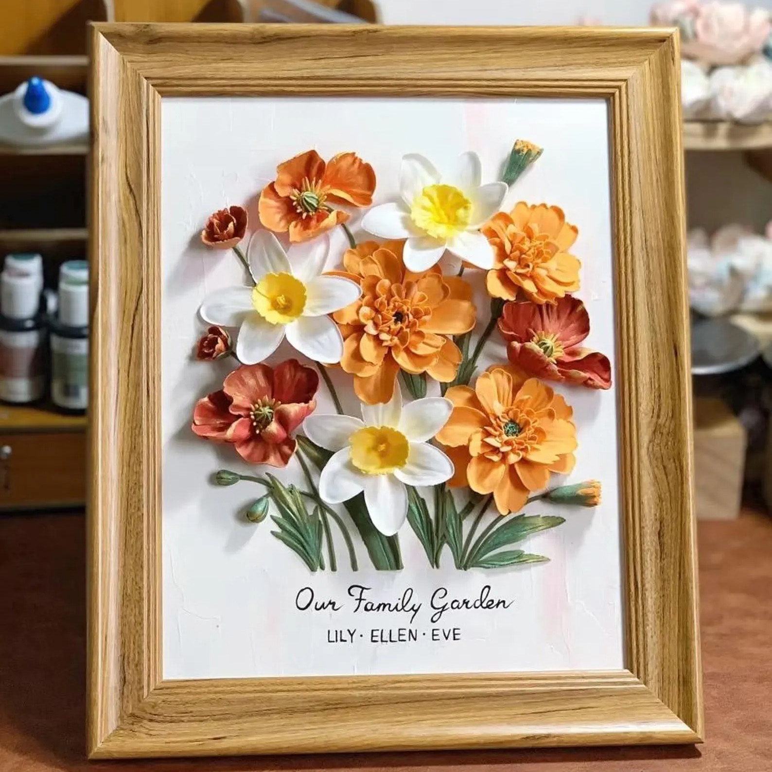 Personalized Family Flower Bouquet Decor, Handcrafted 3D Clay Birth Month Art, Custom Framed Wall Hanging for Home & Office