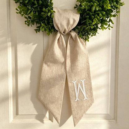 Personalized Wreath Sash, Custom Monogram Initial, Tan Front Door Wreath Decor