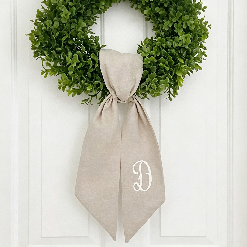 Personalized Wreath Sash, Custom Monogram Initial, Tan Front Door Wreath Decor
