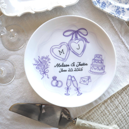 Custom Hand-Drawn Wedding Plate, Personalized Ceramic Keepsake with Initials & Date, Elegant Gold Line Art Anniversary Gift, Unique Engagement or Housewarming Decor