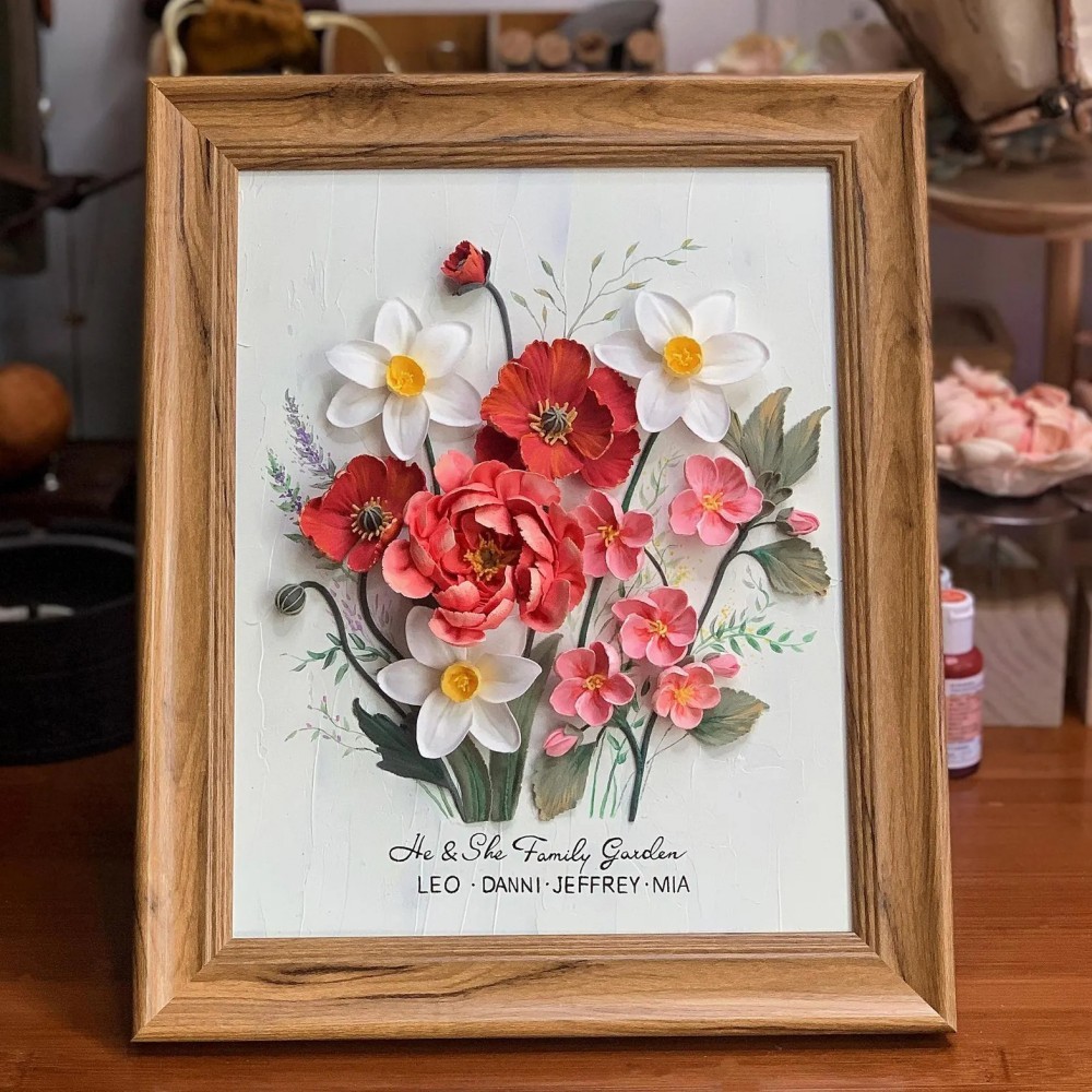 Personalized Birth Flower Bouquet, Handmade Clay Family Garden Wall Decor, Unique Gift