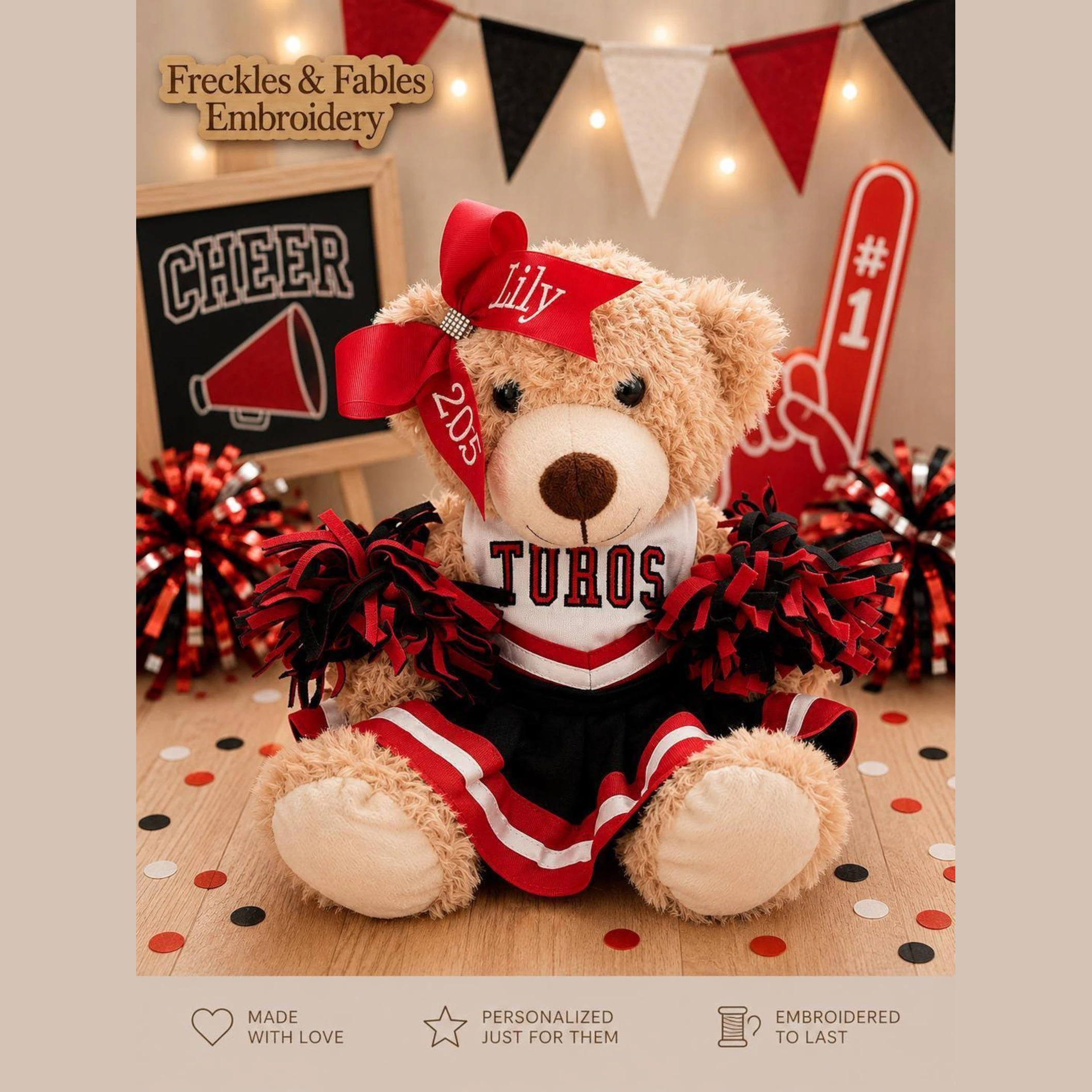 Personalized Cheer Bear Gift – Custom Embroidered Uniform & Bow, Team Spirit Stuffed Animal, Cheerleader Keepsake for Girls, Teammates & Coaches