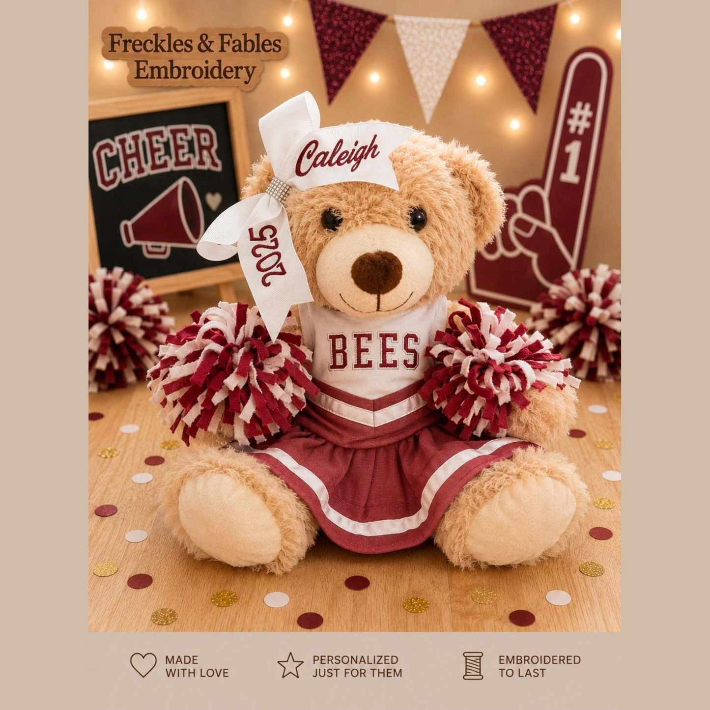 Personalized Cheer Bear Gift – Custom Embroidered Uniform & Bow, Team Spirit Stuffed Animal, Cheerleader Keepsake for Girls, Teammates & Coaches