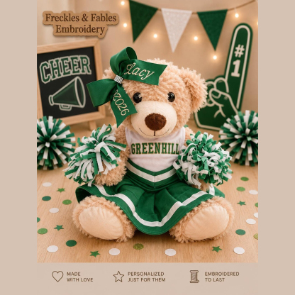 Personalized Cheer Bear Gift – Custom Embroidered Uniform & Bow, Team Spirit Stuffed Animal, Cheerleader Keepsake for Girls, Teammates & Coaches