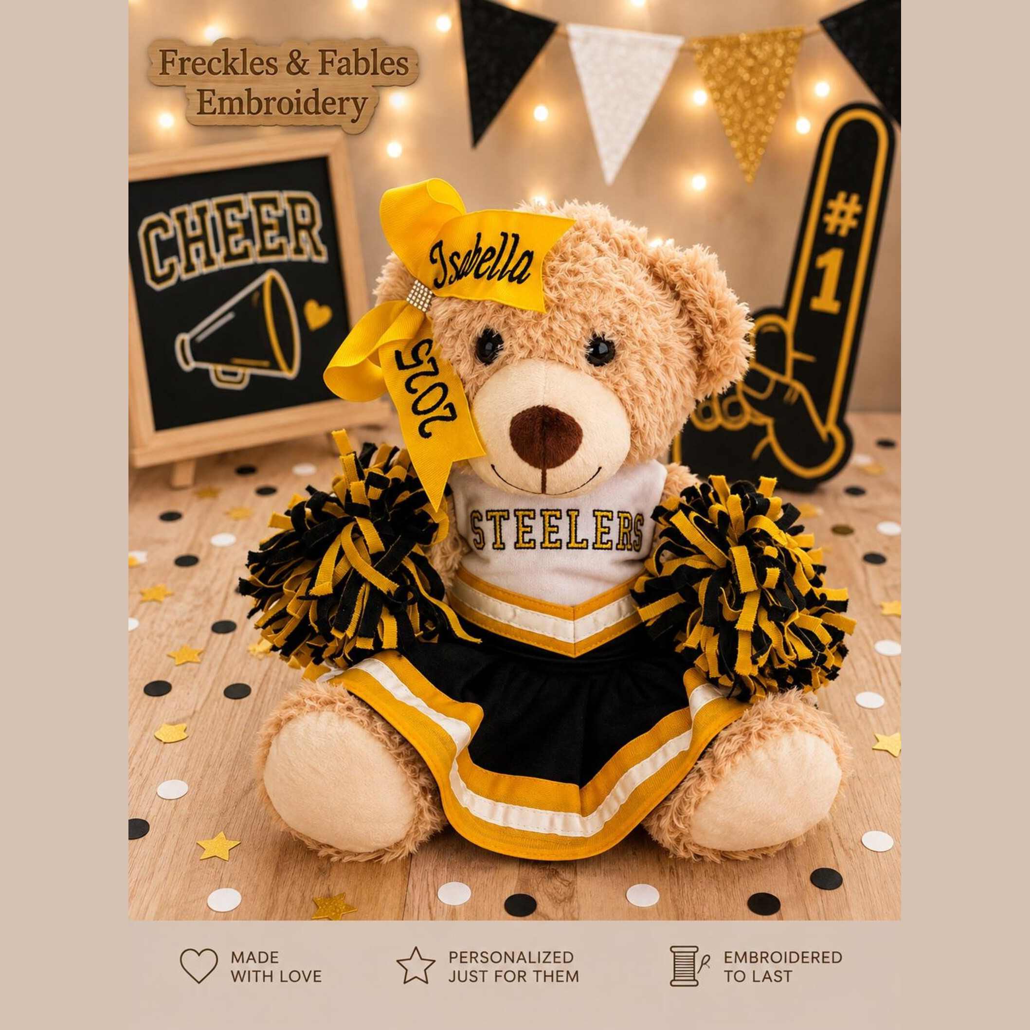 Personalized Cheer Bear Gift – Custom Embroidered Uniform & Bow, Team Spirit Stuffed Animal, Cheerleader Keepsake for Girls, Teammates & Coaches