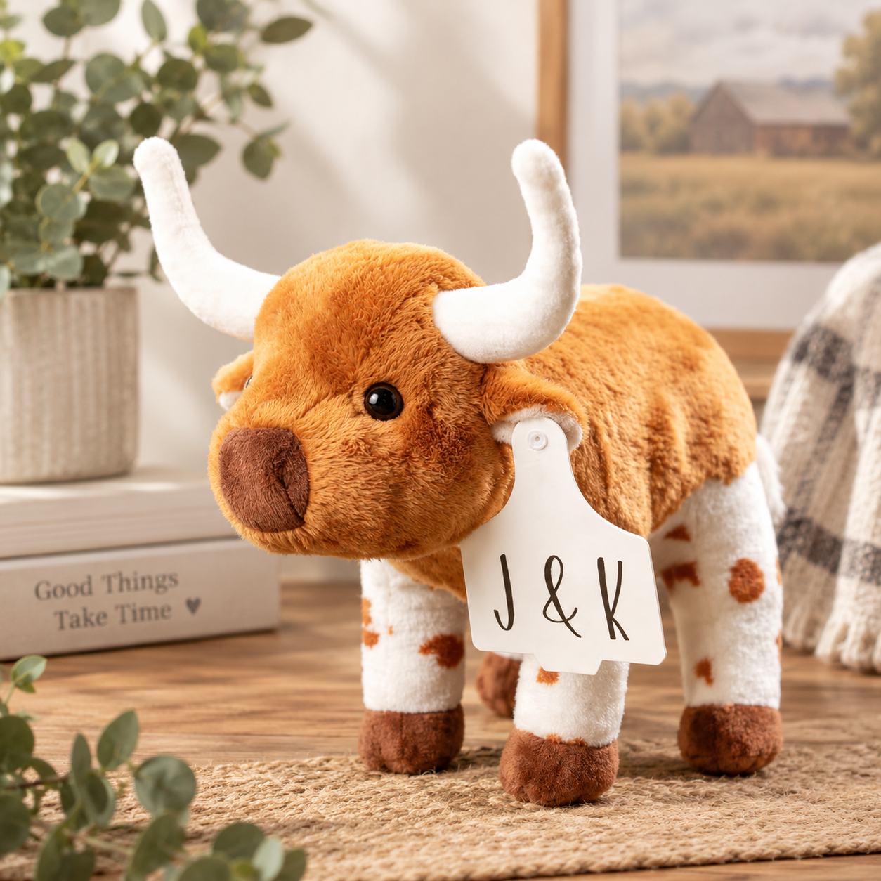 Personalized Longhorn Cow Plush Toy with Custom Name Tag Cute Stuffed Animal Birthday Gift for Kids Cow Lovers