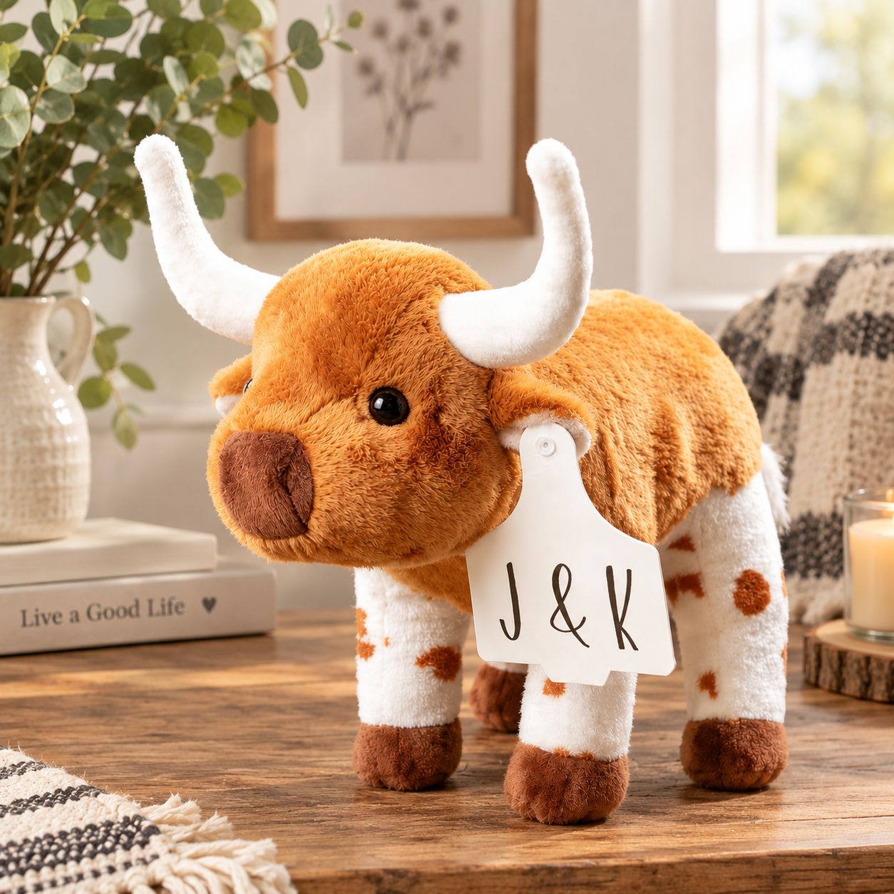 Personalized Longhorn Cow Plush Toy with Custom Name Tag Cute Stuffed Animal Birthday Gift for Kids Cow Lovers