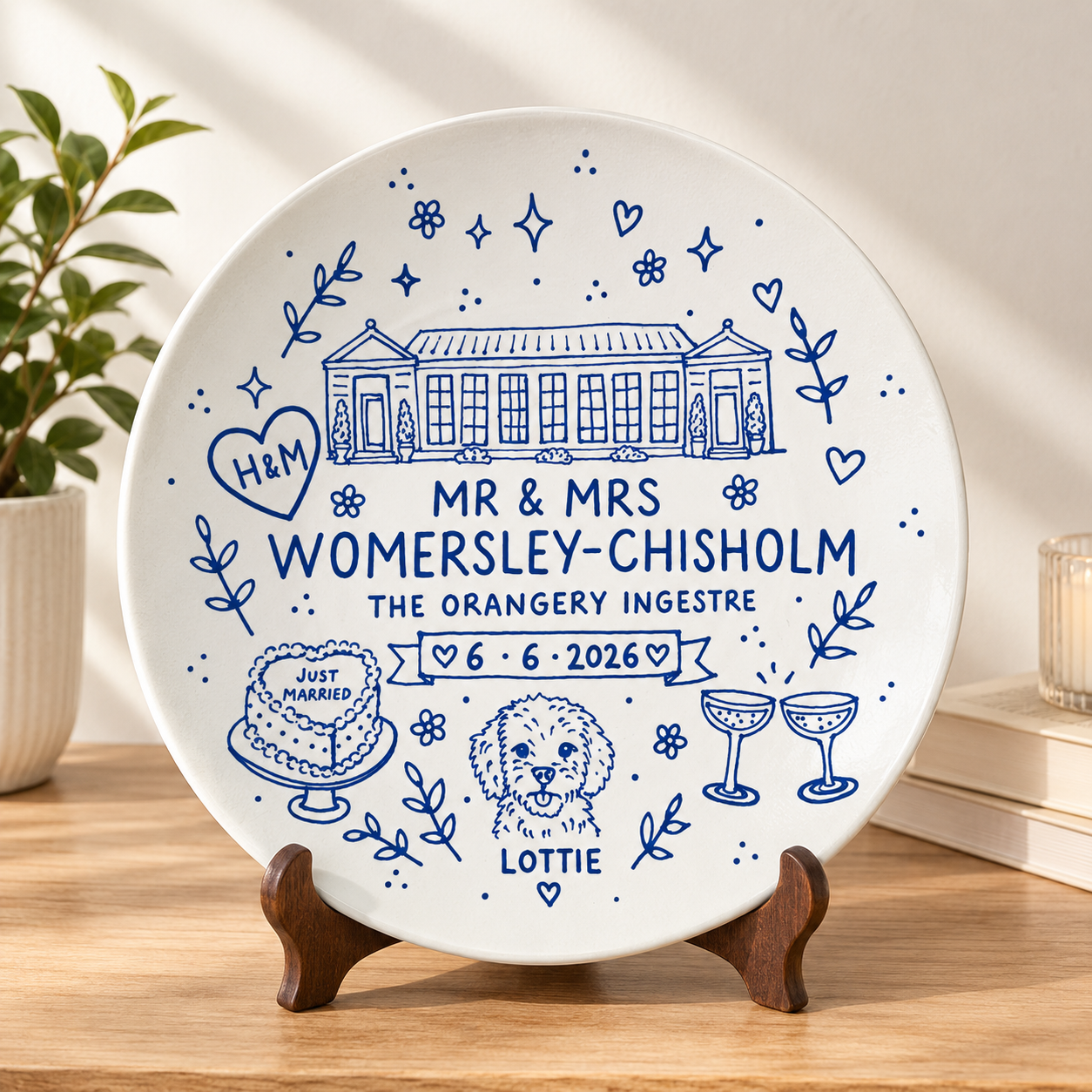 Custom Hand-Drawn Wedding Venue Plate, Personalized Ceramic Keepsake with Pet & Details, Whimsical Blue & White Anniversary Gift for Newlyweds, Unique Home Decor Art