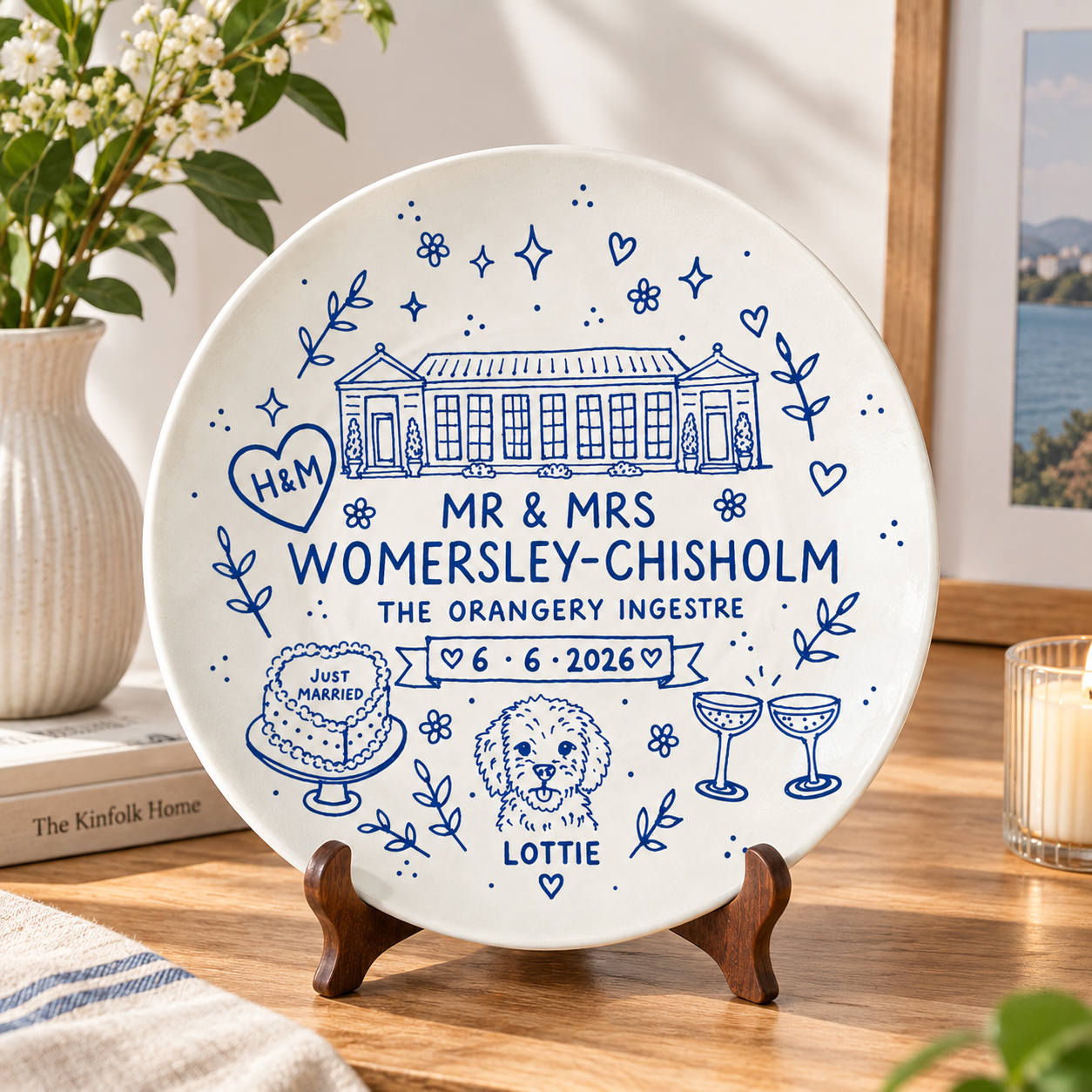 Custom Hand-Drawn Wedding Venue Plate, Personalized Ceramic Keepsake with Pet & Details, Whimsical Blue & White Anniversary Gift for Newlyweds, Unique Home Decor Art