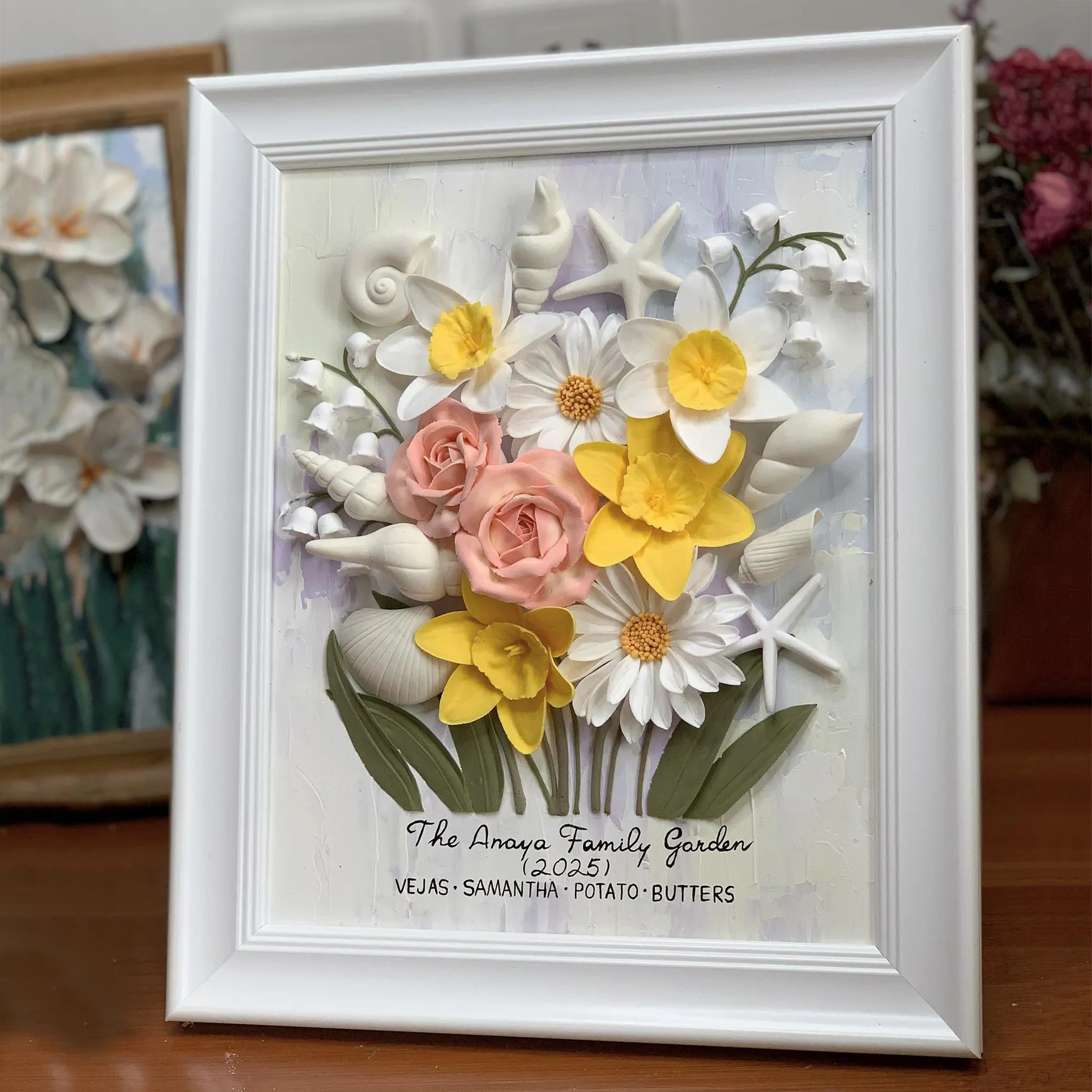 Custom Family Birth Flower Art, 3D Clay Bouquet with Frame, Thoughtful Gift for Mom