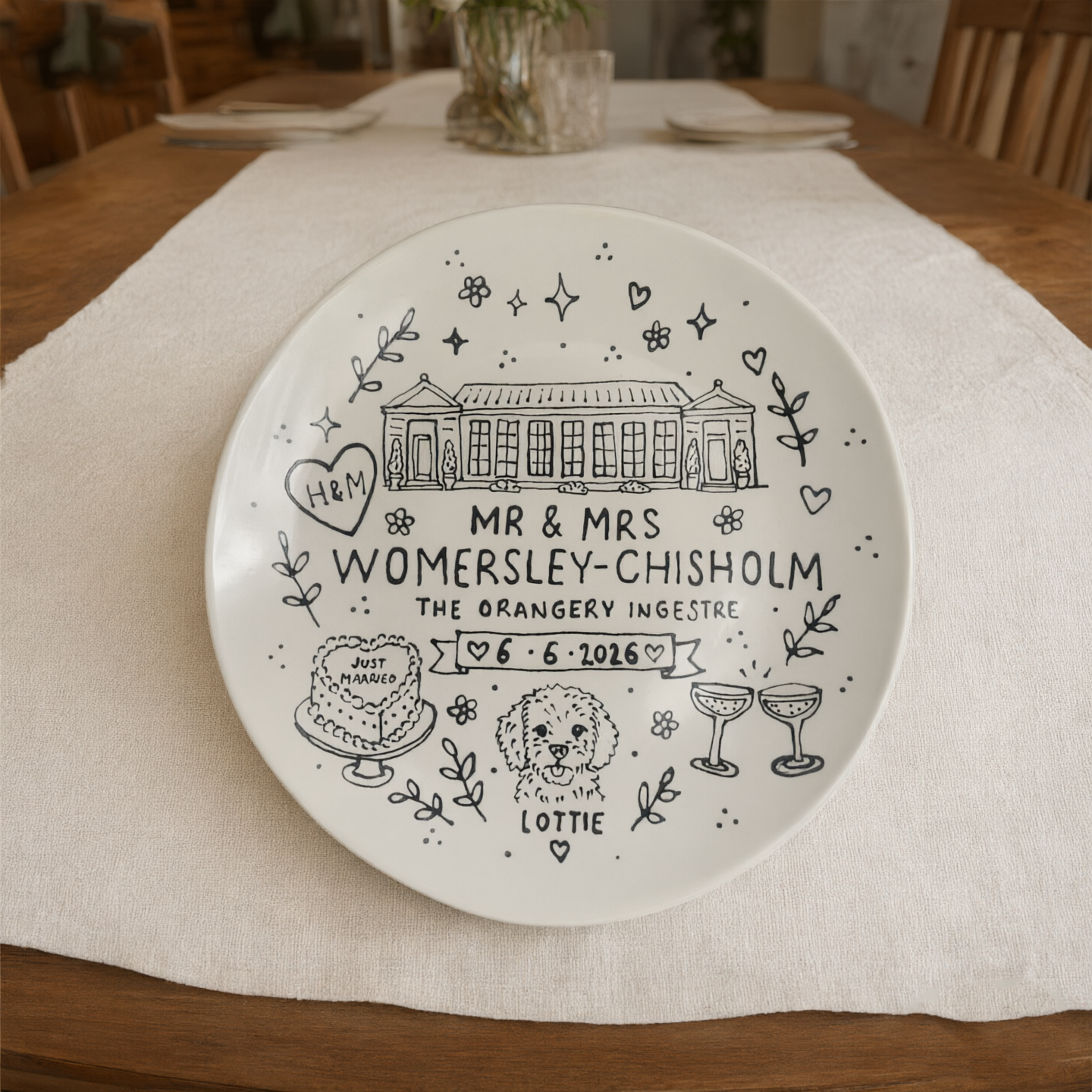 Custom Hand-Drawn Wedding Venue Plate, Personalized Ceramic Keepsake with Pet & Details, Whimsical Blue & White Anniversary Gift for Newlyweds, Unique Home Decor Art