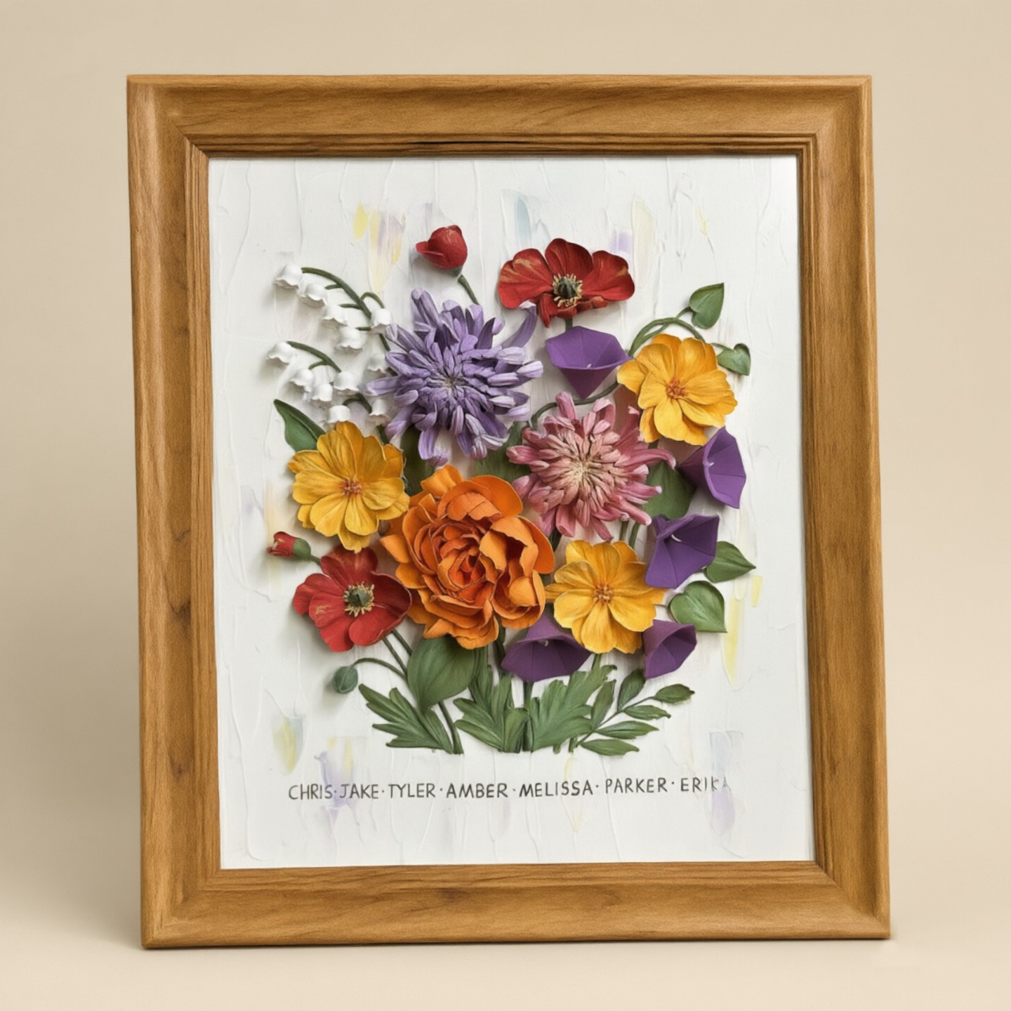 Custom Family Birth Flower Art, 3D Clay Bouquet with Frame, Thoughtful Gift for Mom