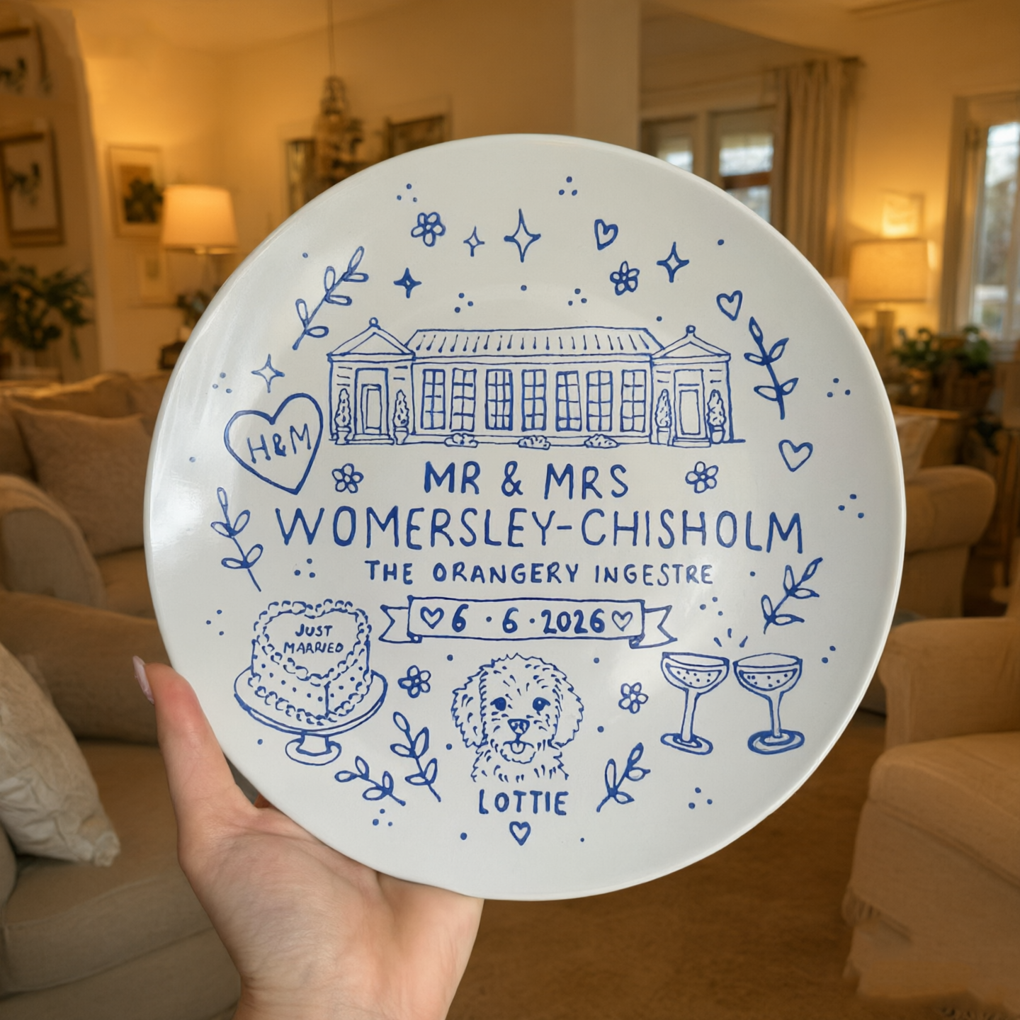 Custom Hand-Drawn Wedding Venue Plate, Personalized Ceramic Keepsake with Pet & Details, Whimsical Blue & White Anniversary Gift for Newlyweds, Unique Home Decor Art