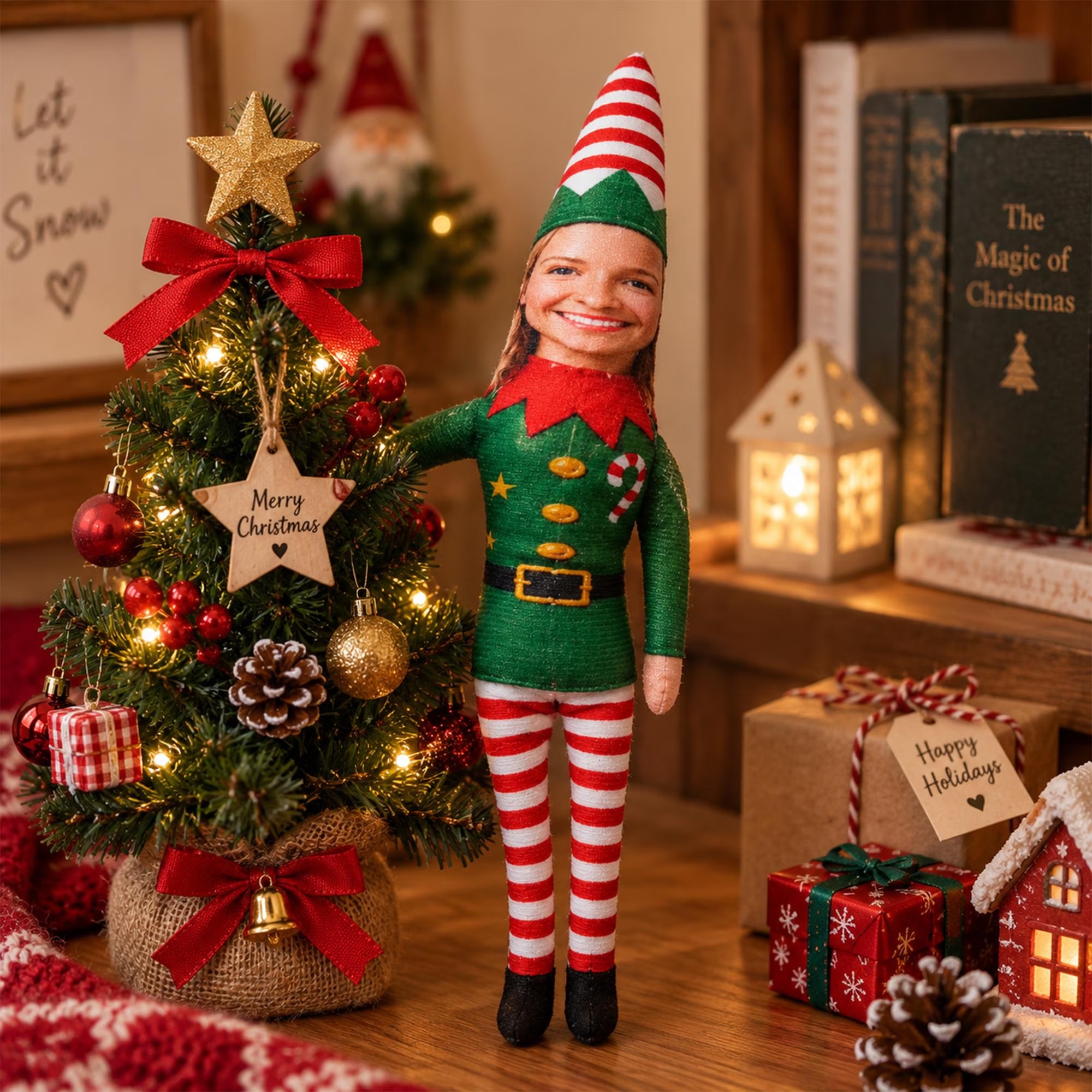 Custom Poseable Face Christmas Elf Doll – Personalized Photo Plush with Built-in Wire Frame, Novel Holiday Gift & Abstract Mini Friend