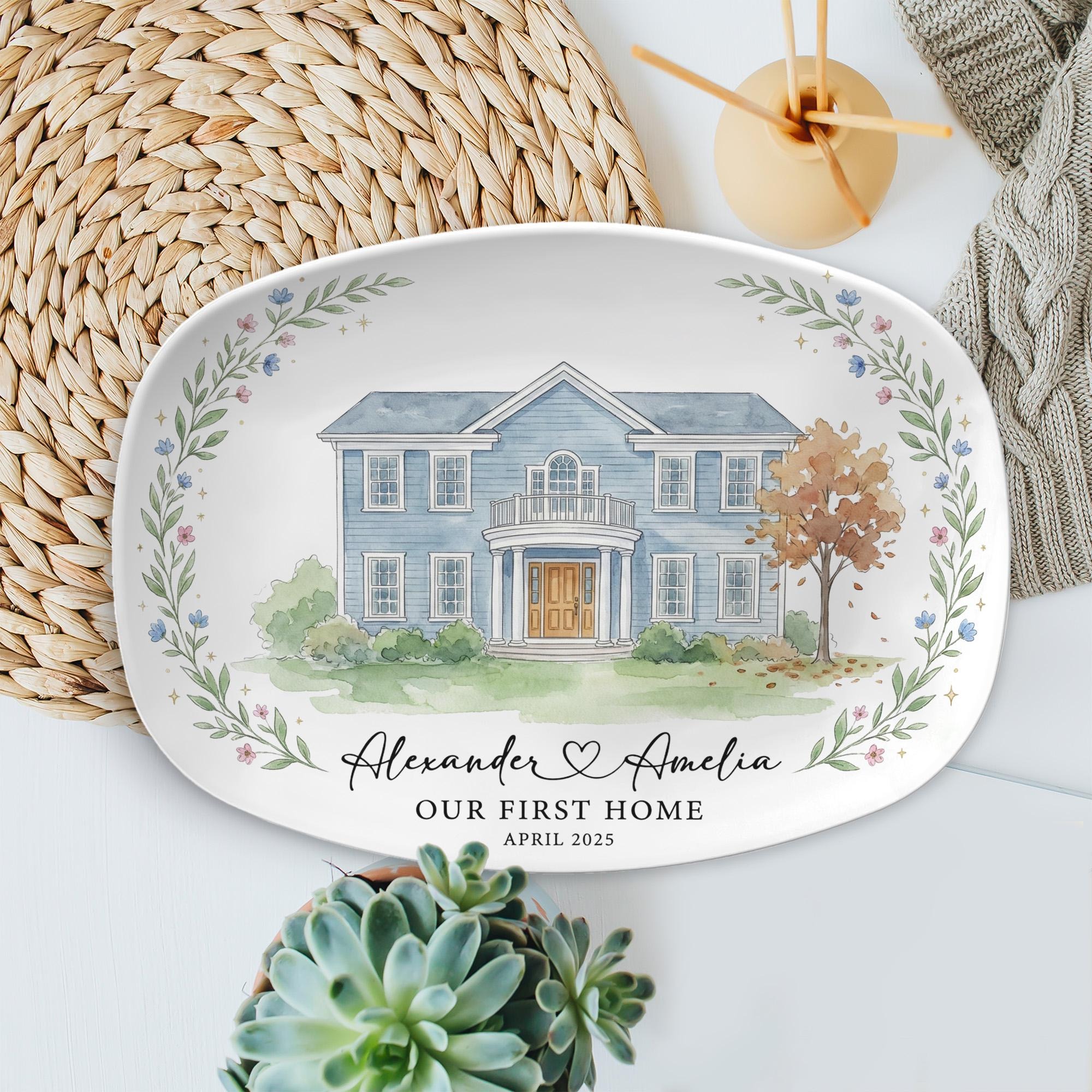 Custom House Portrait Platter, Watercolor Home Illustration Serving Tray, Personalized New Home Gift, First Housewarming Present, Family Name & Date Keepsake, Cottagecore Kitchen Decor