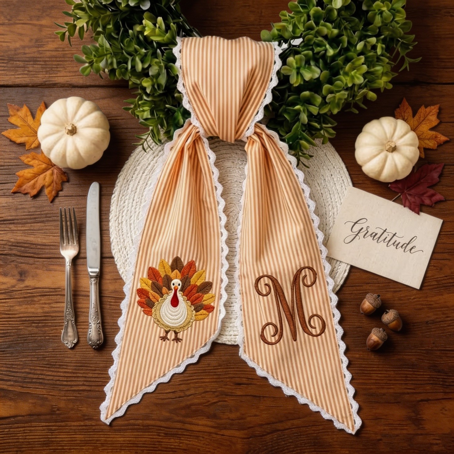 Personalized Thanksgiving Wreath Sash, Embroidered Turkey & Monogram, Fall Front Door Wreath Decor