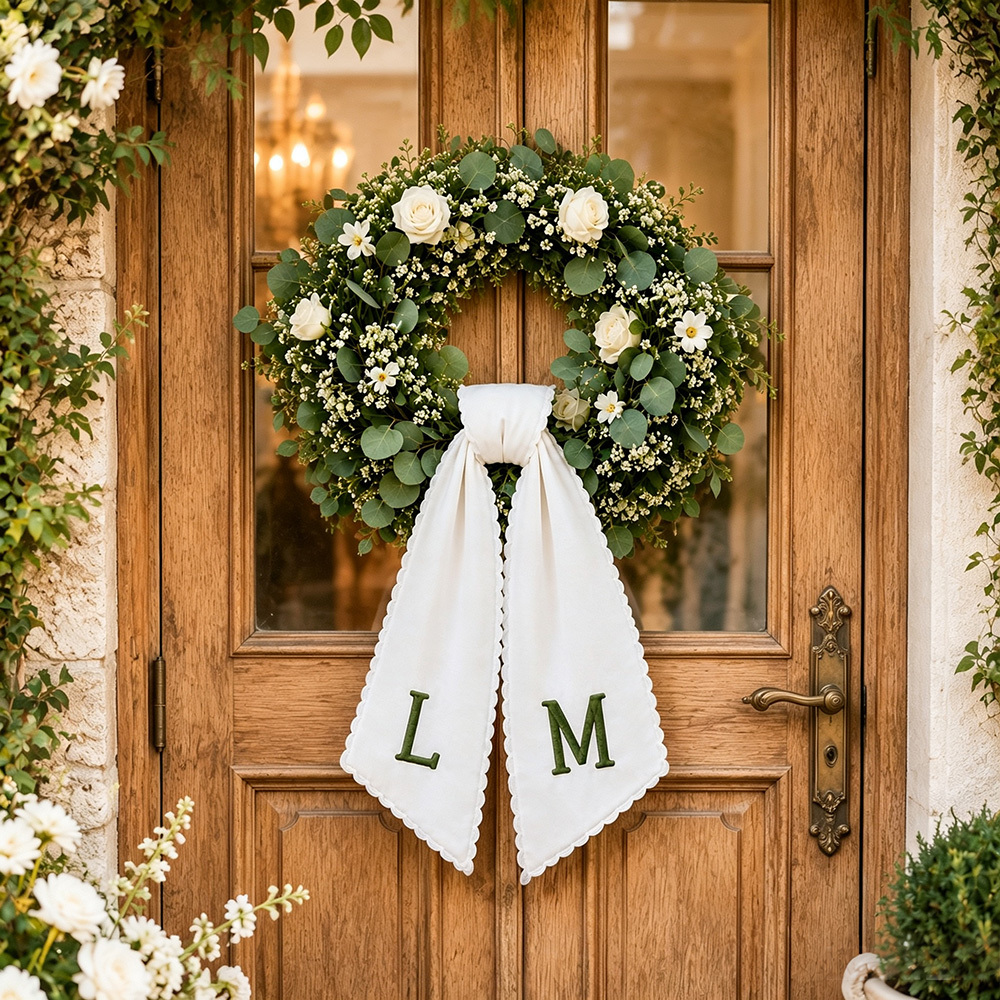 Personalized Embroidered Wreath Sash, Custom Monogram Door Bow, Couple Wedding Wreath Ribbon