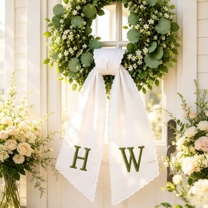 Personalized Embroidered Wreath Sash, Custom Monogram Door Bow, Couple Wedding Wreath Ribbon