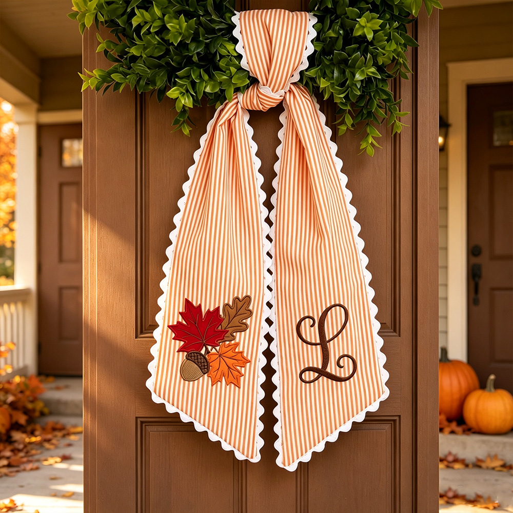 Personalized Embroidered Initial Fall Wreath Sash, Custom Front Door Decor