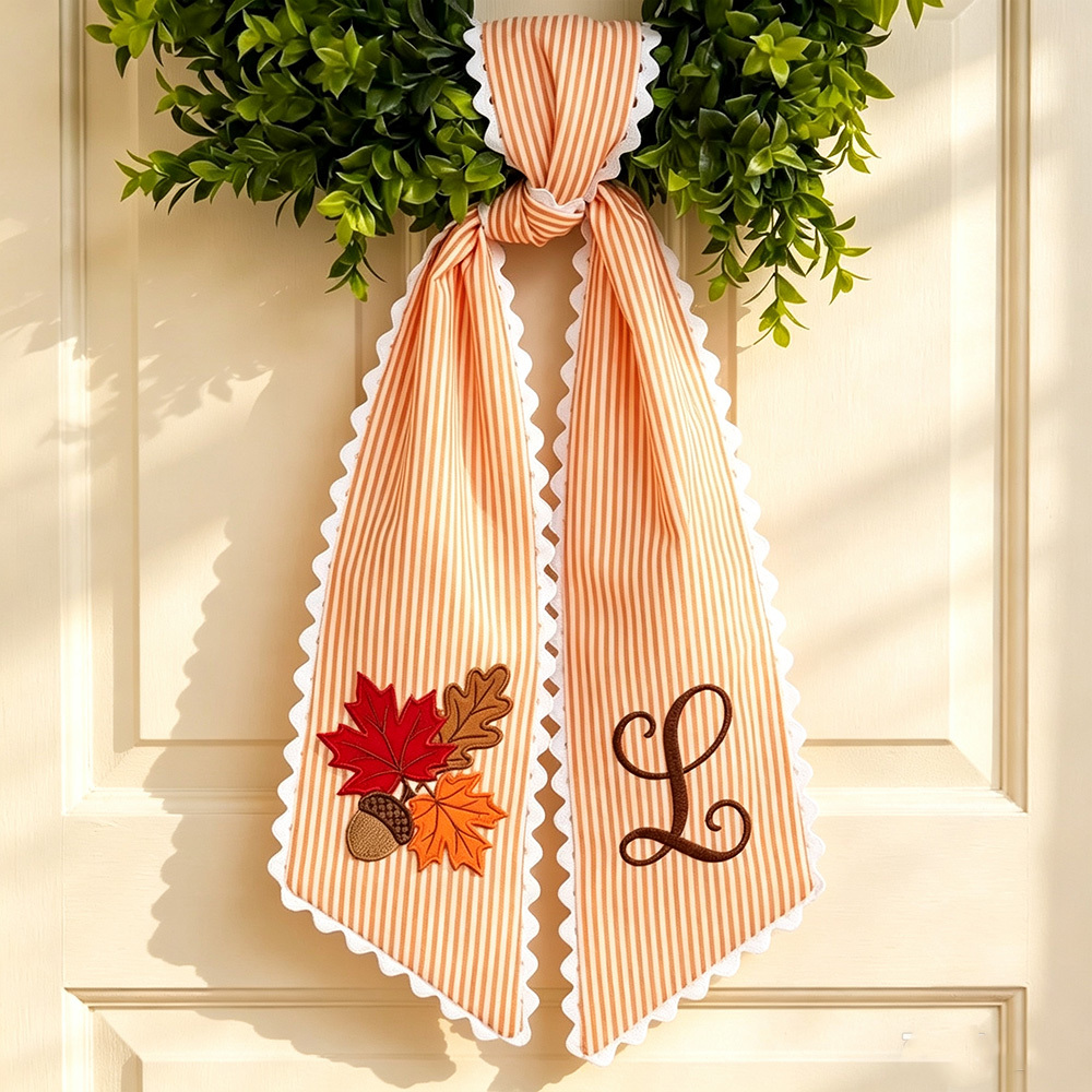 Personalized Embroidered Initial Fall Wreath Sash, Custom Front Door Decor