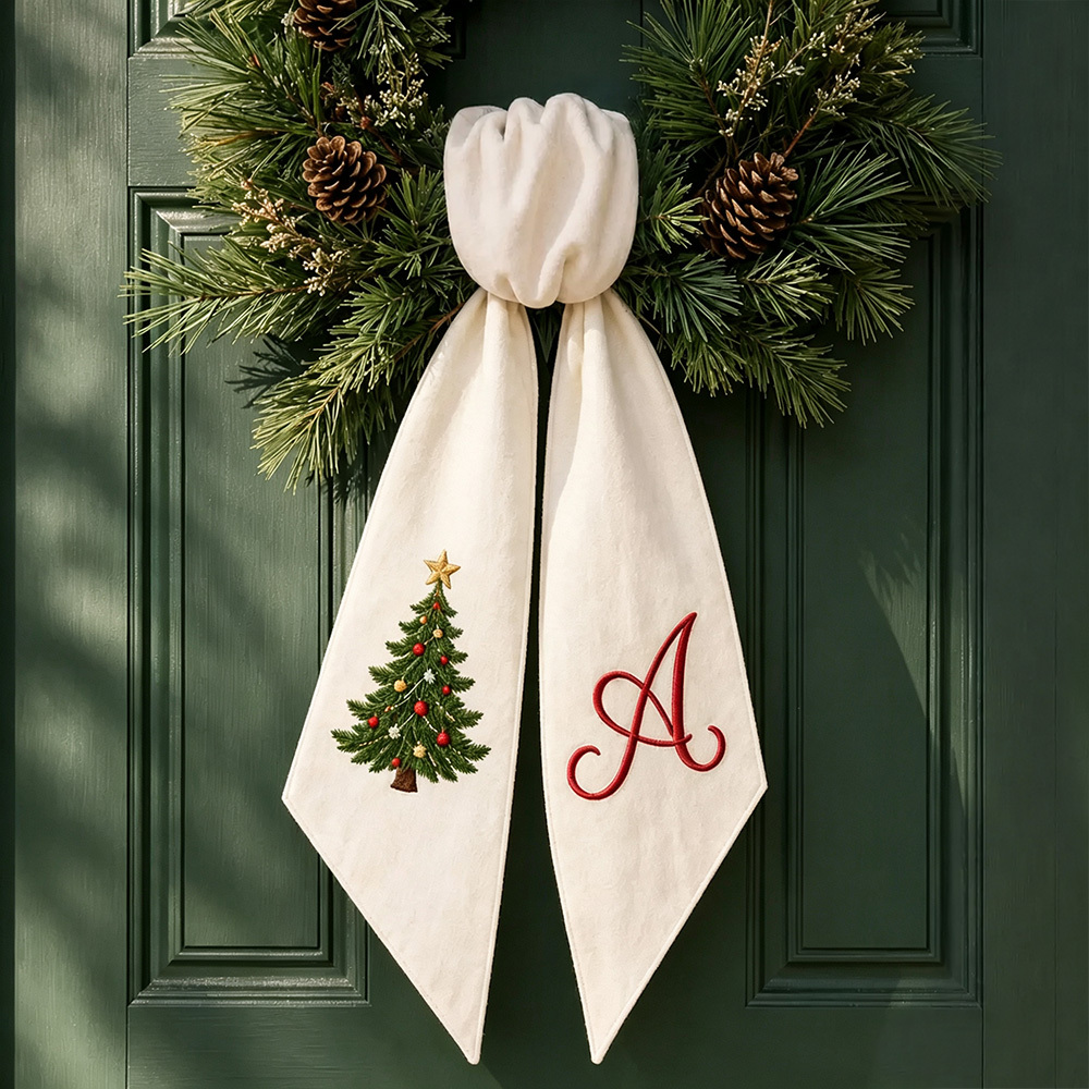Personalized Christmas Wreath Sash, Embroidered Ornament & Monogram, Buffalo Check Holiday Front Door Wreath Decor