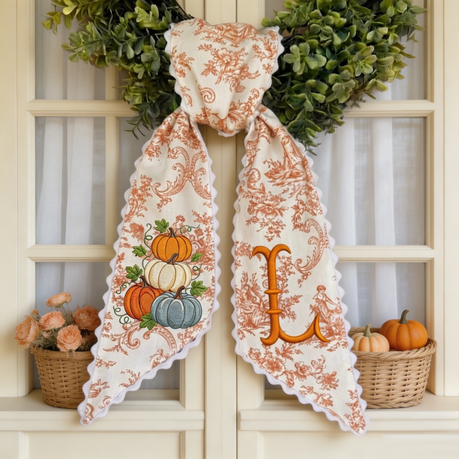 Personalized Pumpkin Wreath Sash, Embroidered Initial Fall Door Decor, Toile Front Door Bow