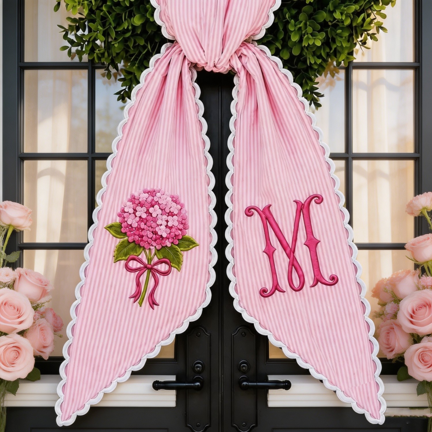 Personalized Hydrangea Wreath Sash, Embroidered Ticking Stripe Door Bow, Custom Initial Front Door Wreath Decor