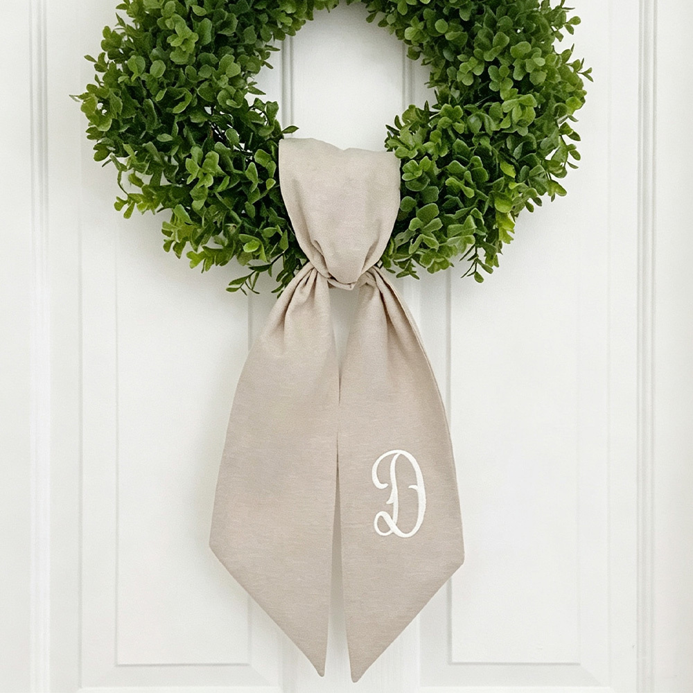 Personalized Wreath Sash, Custom Monogram Initial, Tan Front Door Wreath Decor