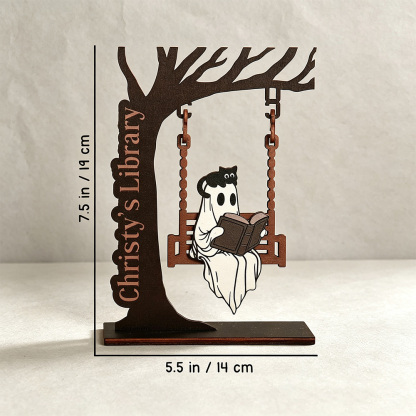 Personalized Ghost on Swing Bookend – Custom Name Tree, Halloween & Bookshelf Decor for Readers, Cozy Home Accent