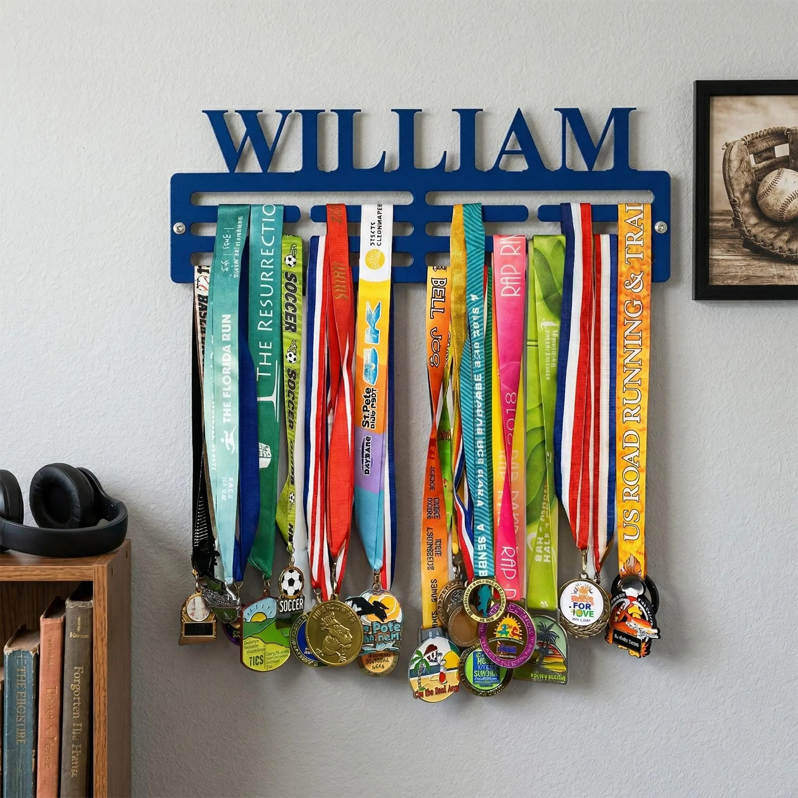 Name Customized Medal Hanger with Shelf, Personalized Trophy Display Stand, Wall Award Organizer for Gym Coaches and Athletes