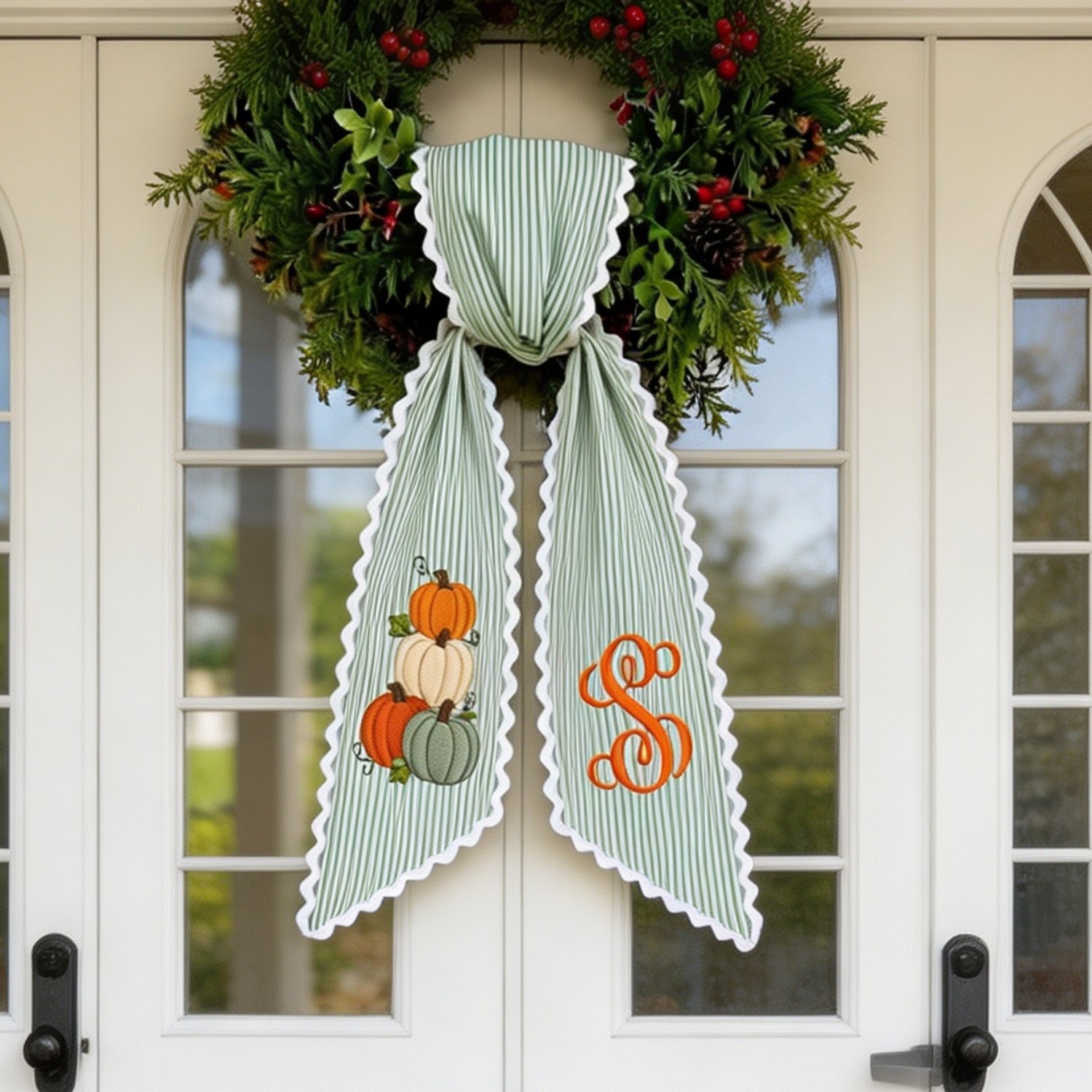Personalized Pumpkin Wreath Sash, Embroidered Initial Fall Door Decor, Toile Front Door Bow
