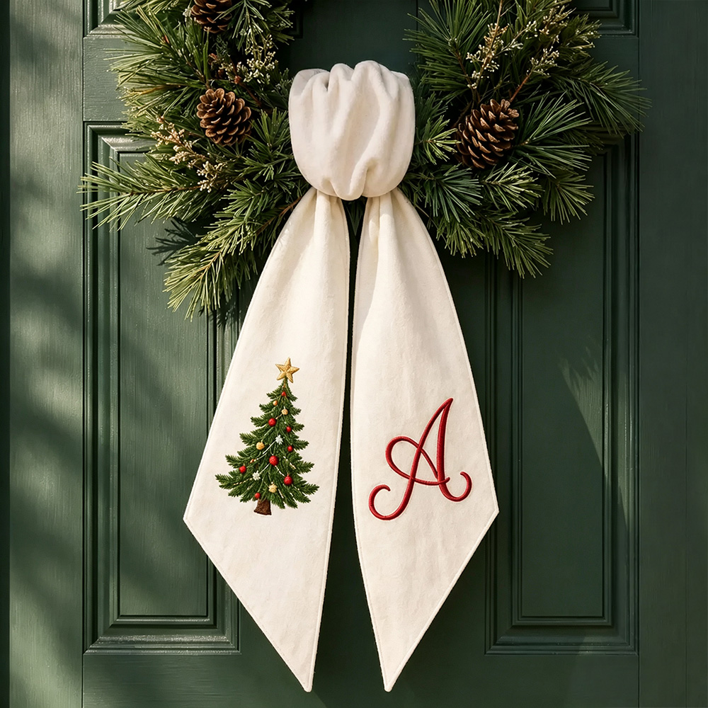 Personalized Christmas Wreath Sash, Embroidered Ornament & Monogram, Buffalo Check Holiday Front Door Wreath Decor