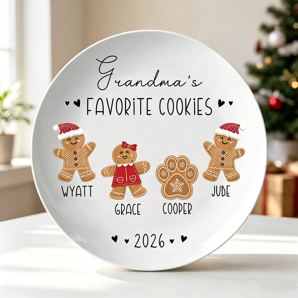 Personalized Grandma's Favorite Cookies Gingerbread Plate with Kids Names Christmas Gifts