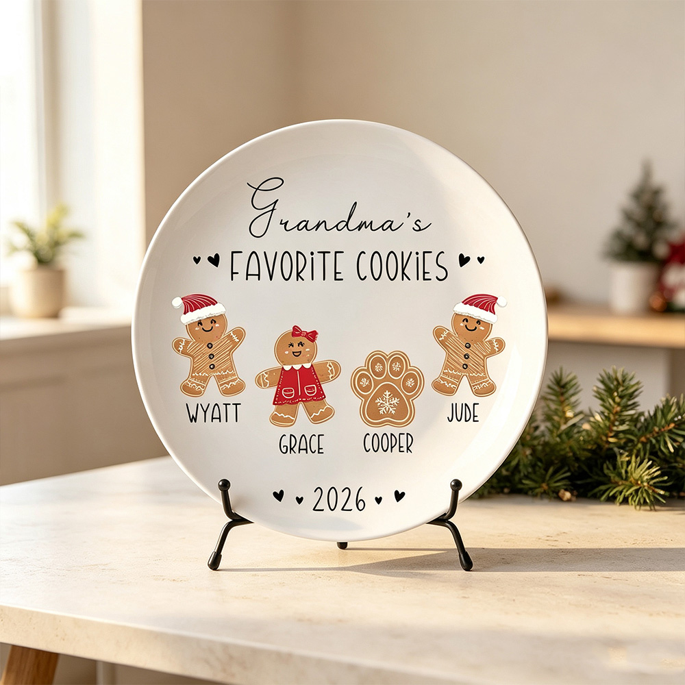 Personalized Grandma's Favorite Cookies Gingerbread Plate with Kids Names Christmas Gifts