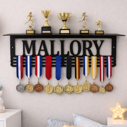 Wall Mounted Medal Organizer with Trophy Shelf, Custom Name Award Display Rack, Anti Tangling Ribbon Holder for Marathon and Race Medals