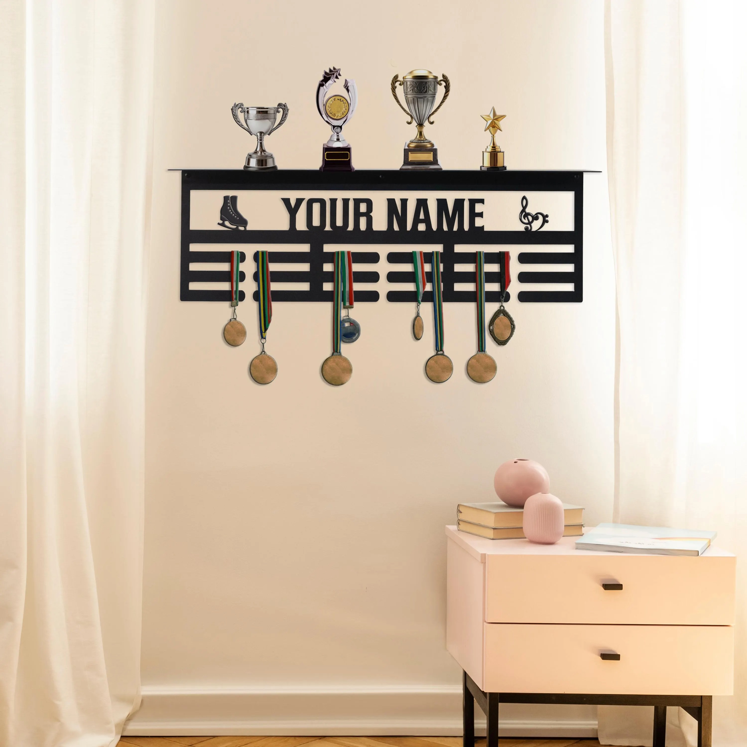 Name Customized Medal Hanger with Shelf, Personalized Trophy Display Stand, Wall Award Organizer for Gym Coaches and Athletes