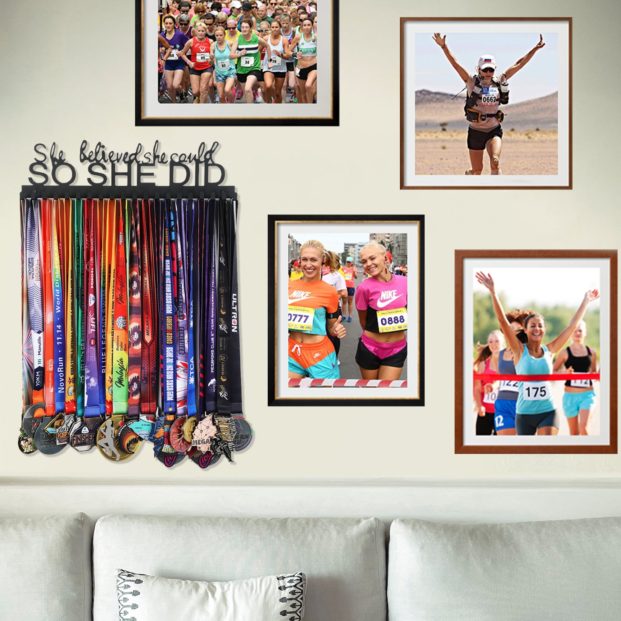 She Believed Medal Hanger Personalized, Black Stainless Steel Award Display, Women Athlete Trophy Rack Wall Mounted, Motivational Gift for Her