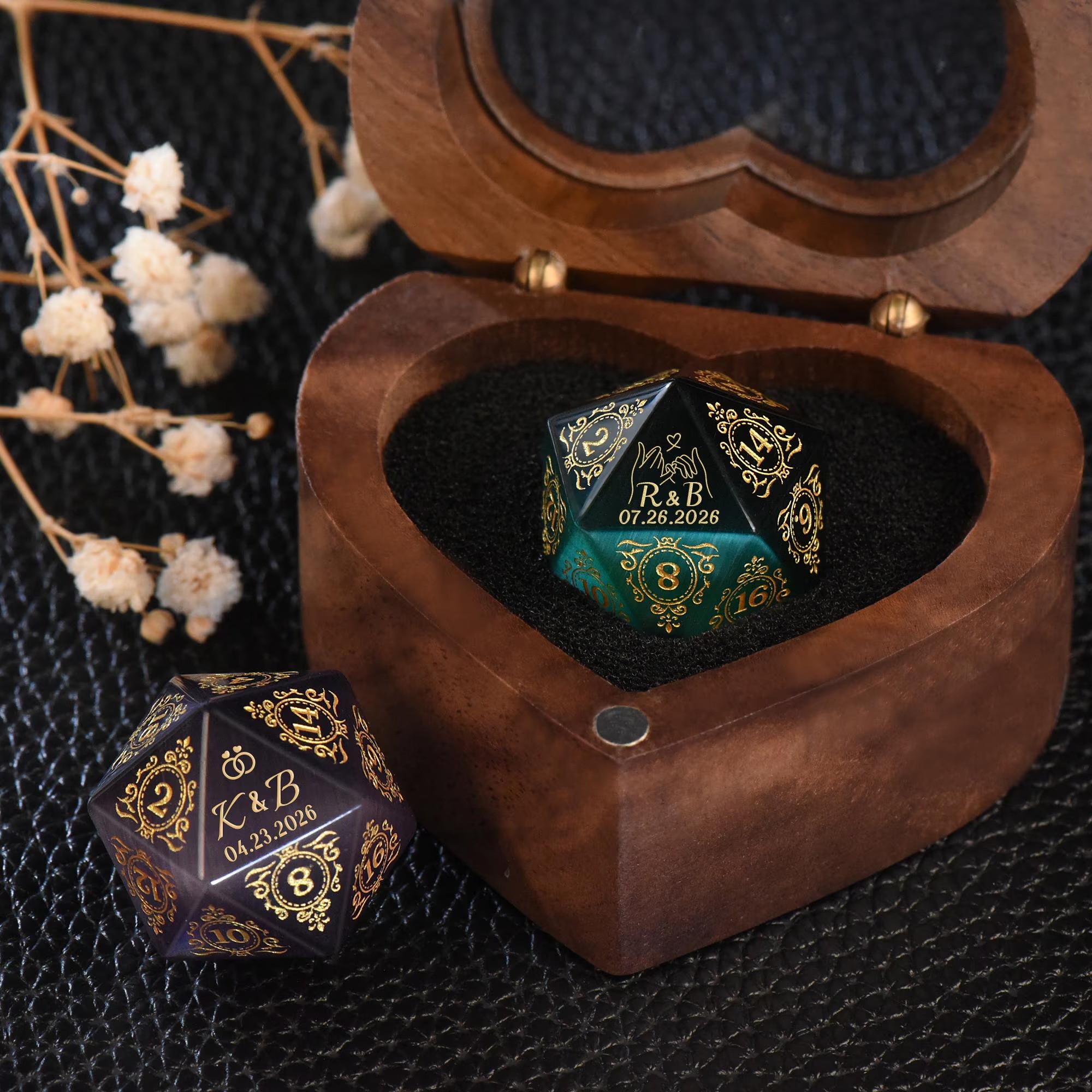 Personalized Rose Quartz Wedding Dice Set - Custom D20 for D&D, Unique Marriage Proposal Gift, Crystal Dice with Names & Date, Geeky Wedding Keepsake, Dungeon Master Gift