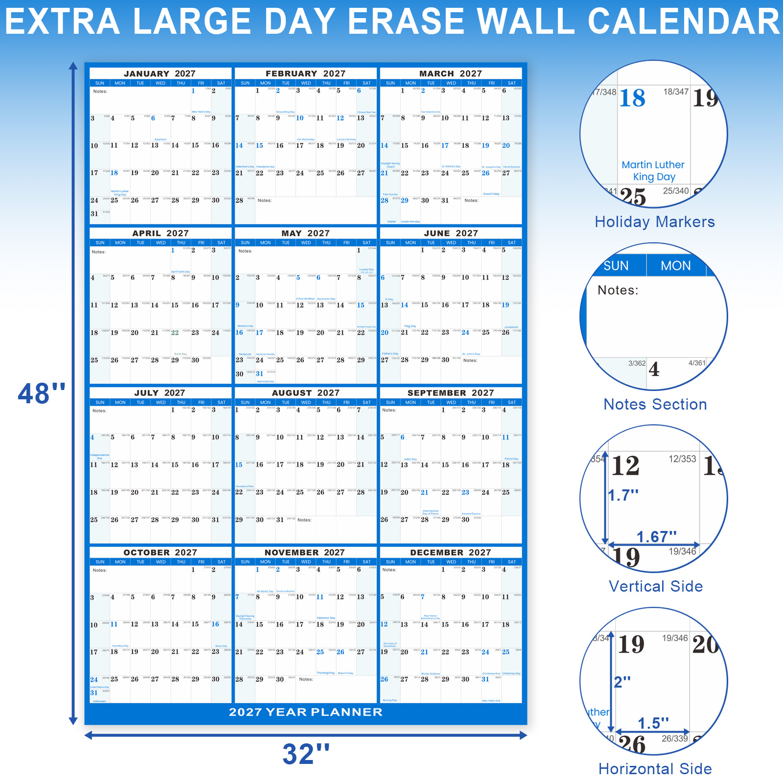 Can be customized according to your requirements: 32" x 48" 2027 Wall Calendar, Folded Wet & Dry Erase Wall Calendar 12 Month, Annual Yearly Planner Yearly Laminated Calendar 2027 Horizontal/Vertical