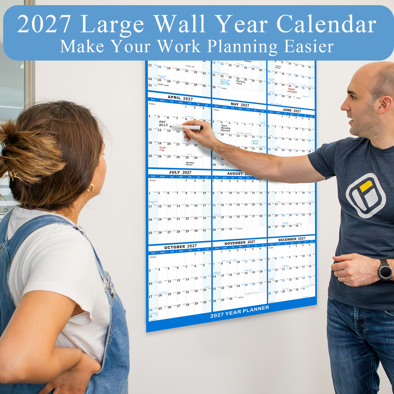 Can be customized according to your requirements: 32" x 48" 2027 Wall Calendar, Folded Wet & Dry Erase Wall Calendar 12 Month, Annual Yearly Planner Yearly Laminated Calendar 2027 Horizontal/Vertical