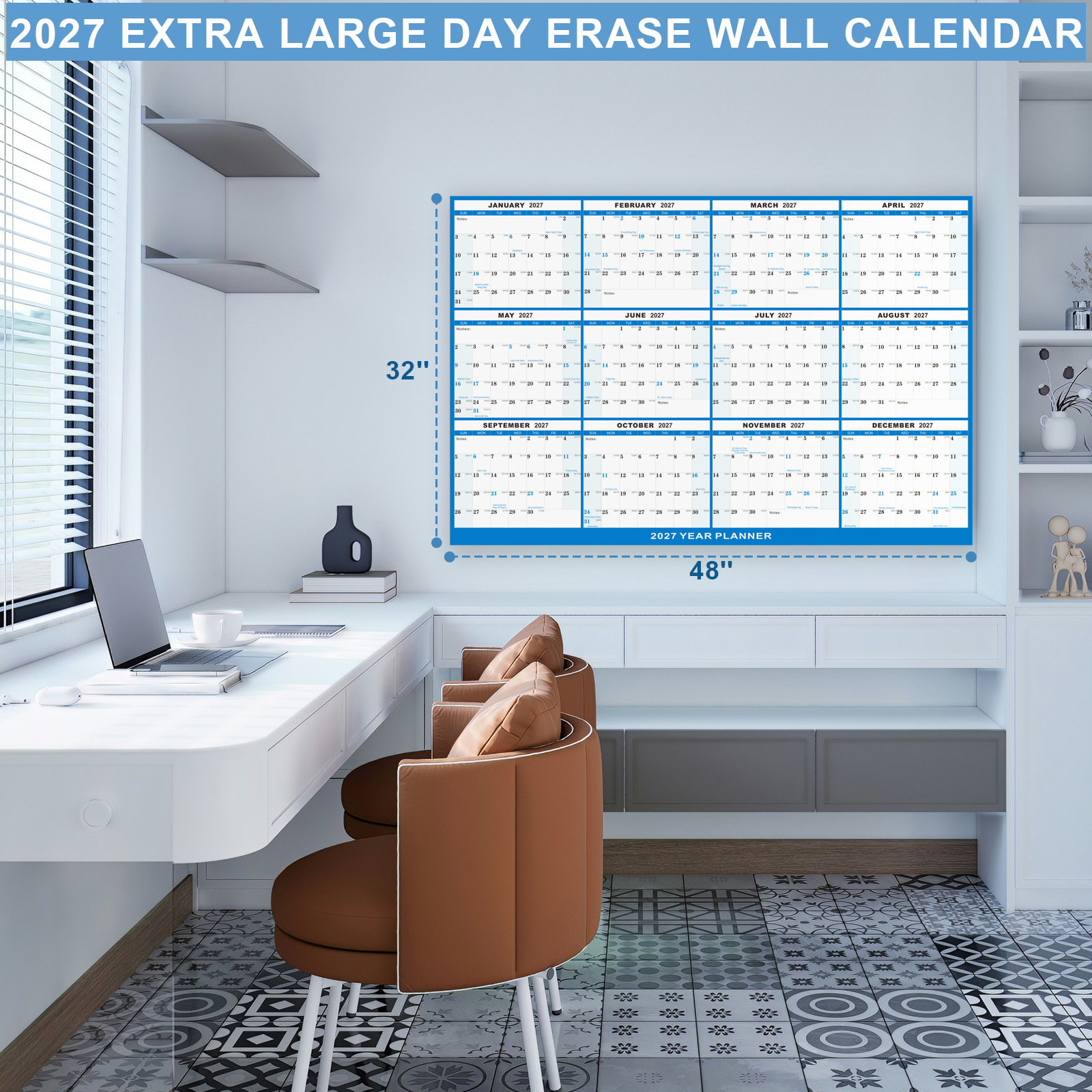 Can be customized according to your requirements: 32" x 48" 2027 Wall Calendar, Folded Wet & Dry Erase Wall Calendar 12 Month, Annual Yearly Planner Yearly Laminated Calendar 2027 Horizontal/Vertical