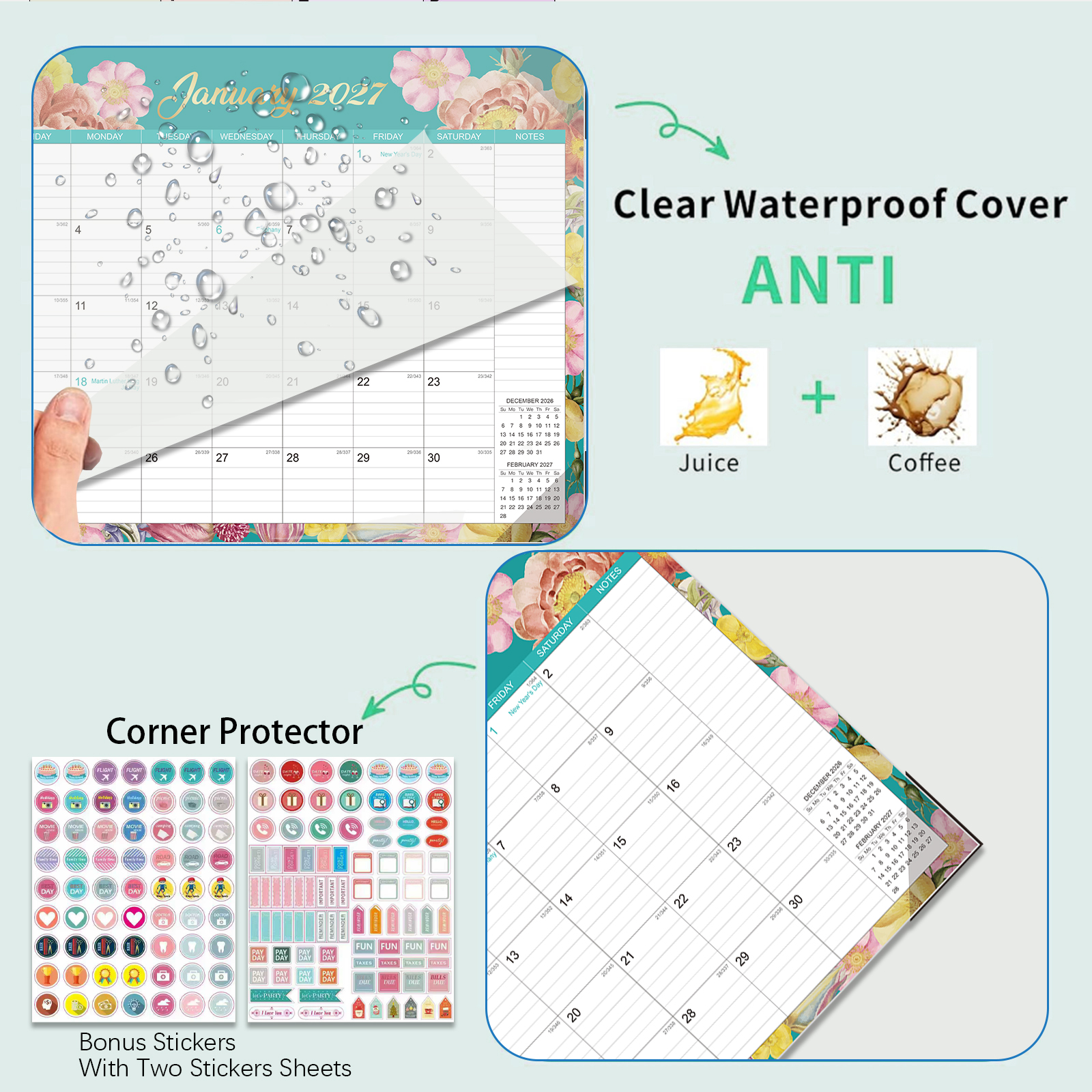 2027-2028 Desk Calendar - 22" x 17", 18 Month Desk Calendar January 2027 - June 2028, Large Monthly Desktop Calendar with Plastic Cover, Thick Paper, Corner Protectors 