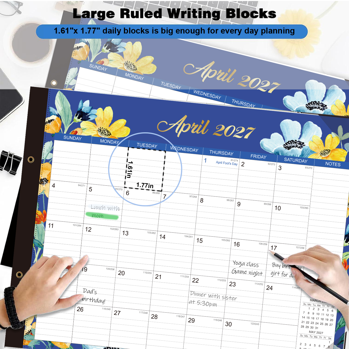 2027-2028 Desk Calendar - 22" x 17", 18 Month Desk Calendar January 2027 - June 2028, Large Monthly Desktop Calendar with Plastic Cover, Thick Paper, Corner Protectors 