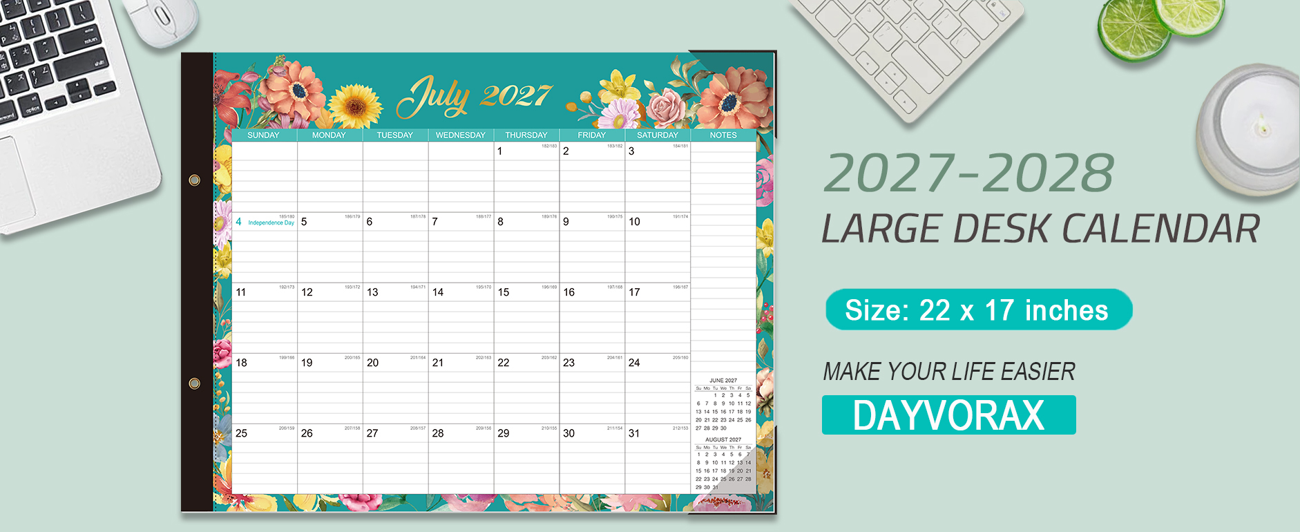 2027-2028 Desk Calendar - 22" x 17", 18 Month Desk Calendar January 2027 - June 2028, Large Monthly Desktop Calendar with Plastic Cover, Thick Paper, Corner Protectors 